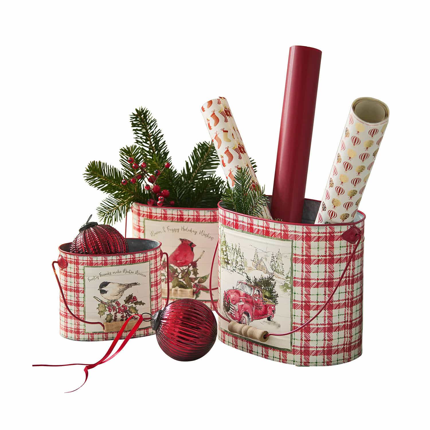 Übertopf 3er Set Fuzzy Drei rot-weiß karierte Metallbehälter mit Weihnachtsmotiven und festlichen Dekorationen aus Tannenzweigen