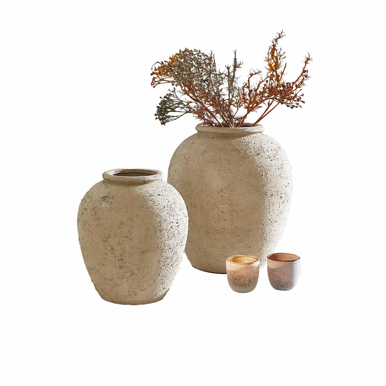 Vase 2er Set Zaviro Set aus zwei beigen, strukturierten Keramikvasen mit zwei kleinen dekorativen Teelichthaltern