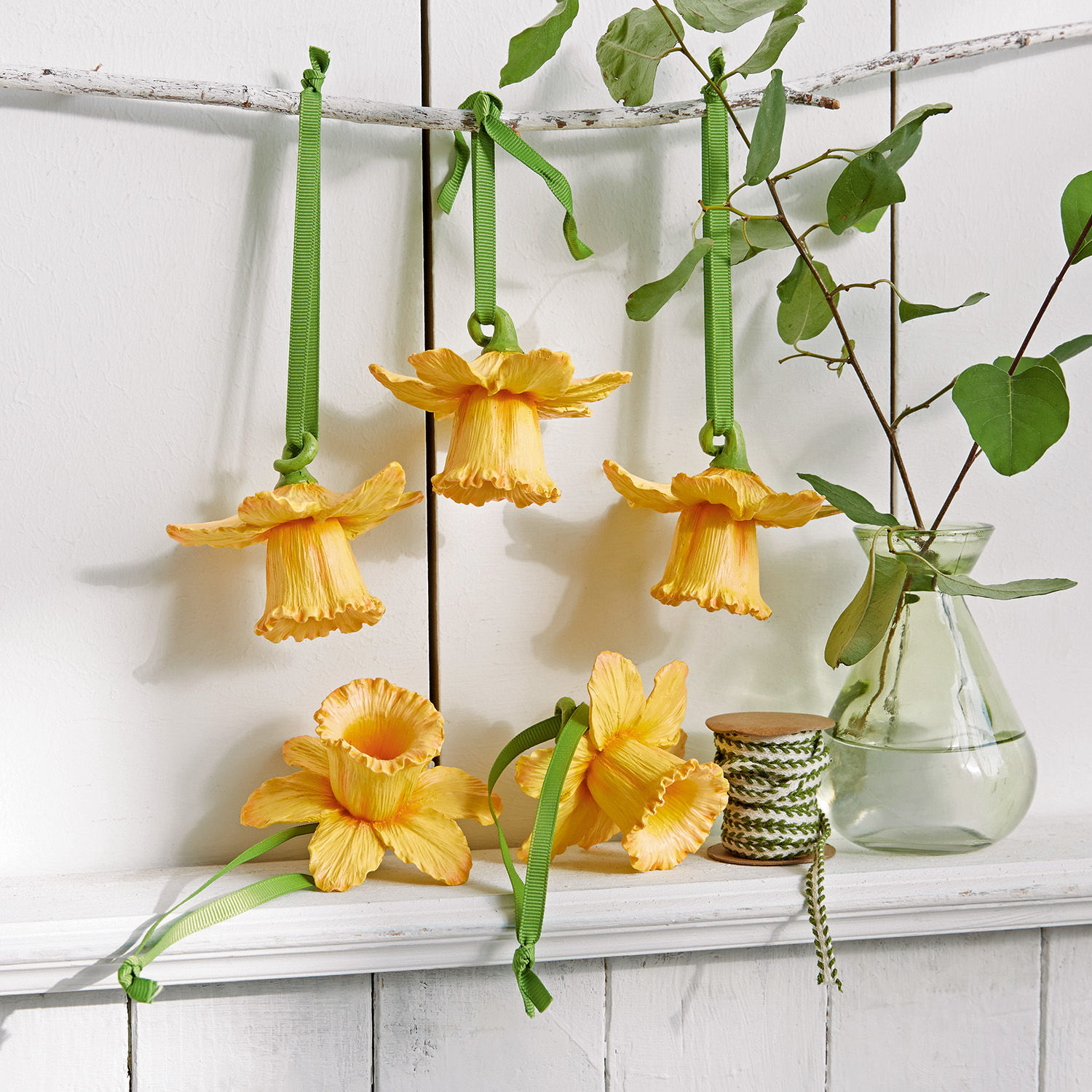 Anhänger 5er Set Lozere Gelbe dekorative Stoffblumen mit grünen Bändern zum Aufhängen, frühlingshafte Deko