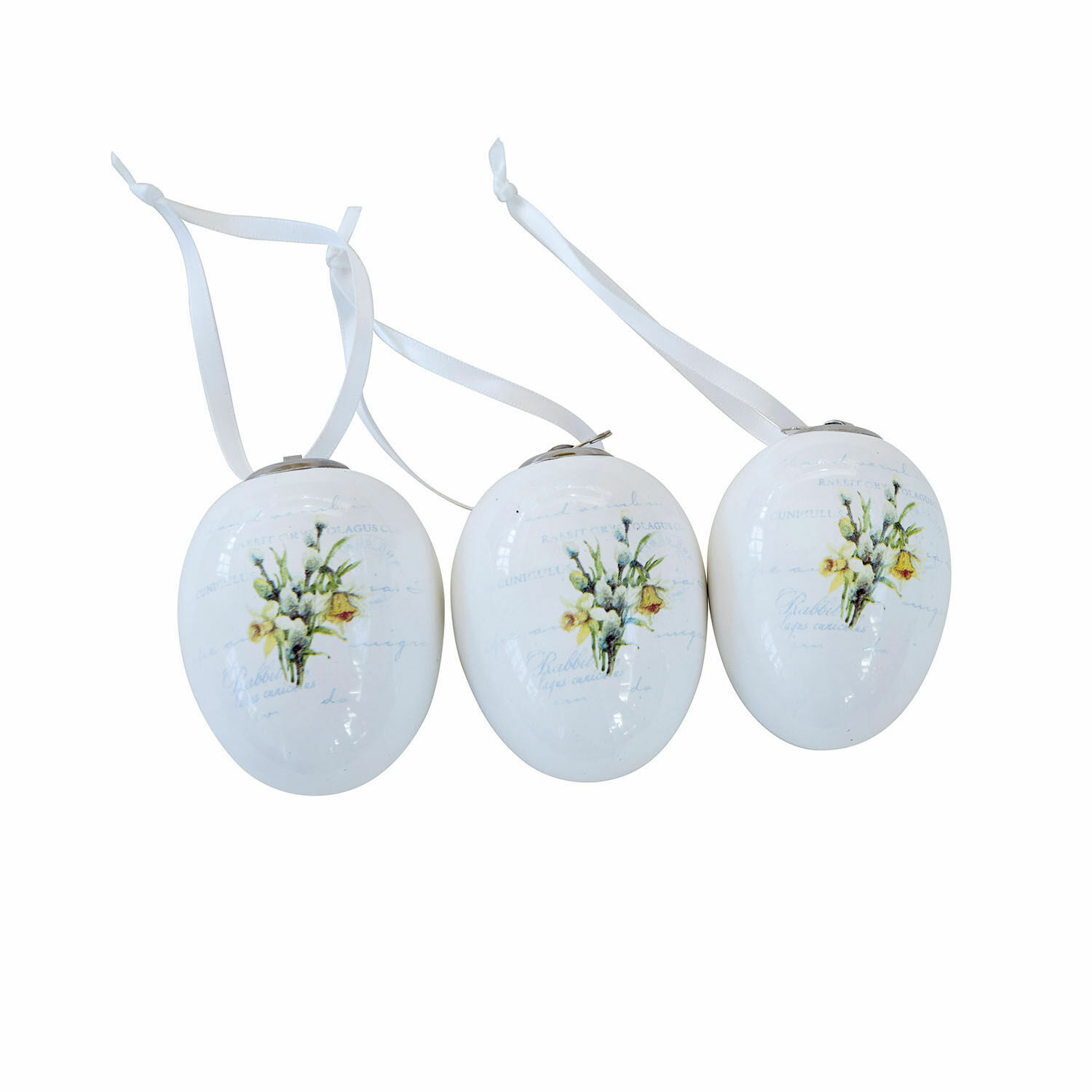 Set aus drei weißen Keramikeiern mit Blumenmotiv und Aufhängeschleife, Frühlingsdekoration