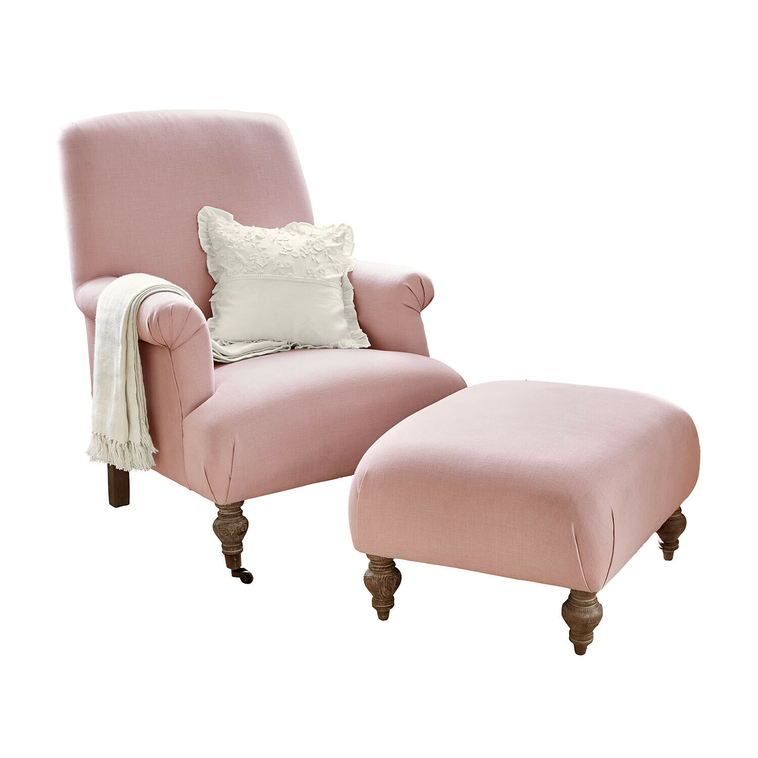 Sessel mit Hocker Rose de Lumière Rosa Sessel mit Hocker aus Stoff und weißen Zierkissen auf gedrechselten Holzbeinen