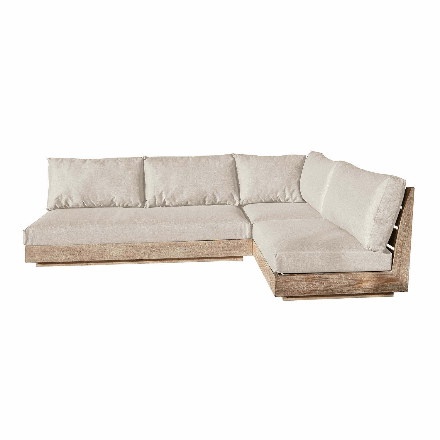 Ecksofa in Creme mit braunem Holzrahmen, komfortable Sitzgruppe für Wohnzimmer
