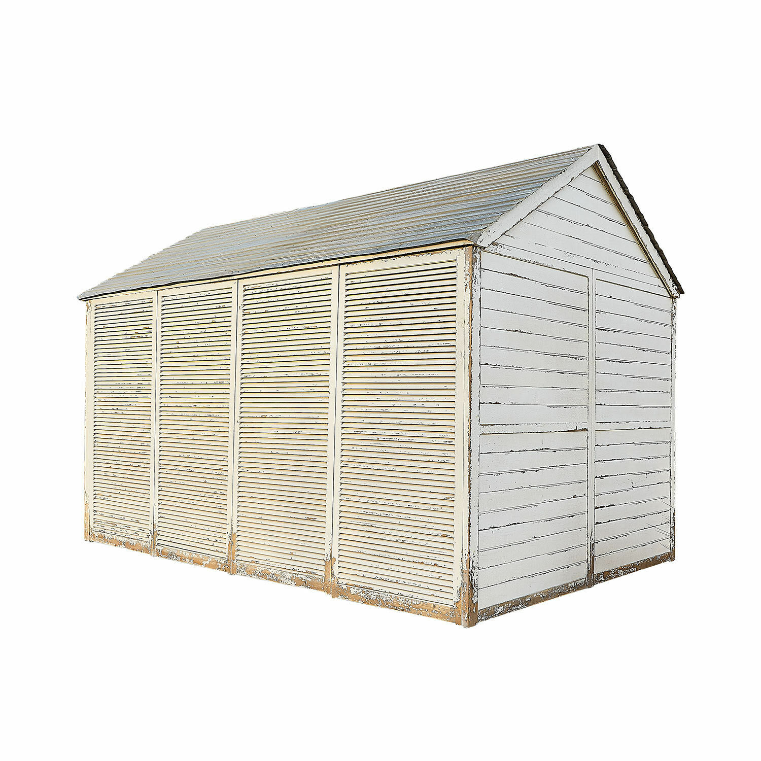 Weißes Gartenhaus aus Holz mit verschiebbaren Lamellen, ideal zur Aufbewahrung von Werkzeugen.