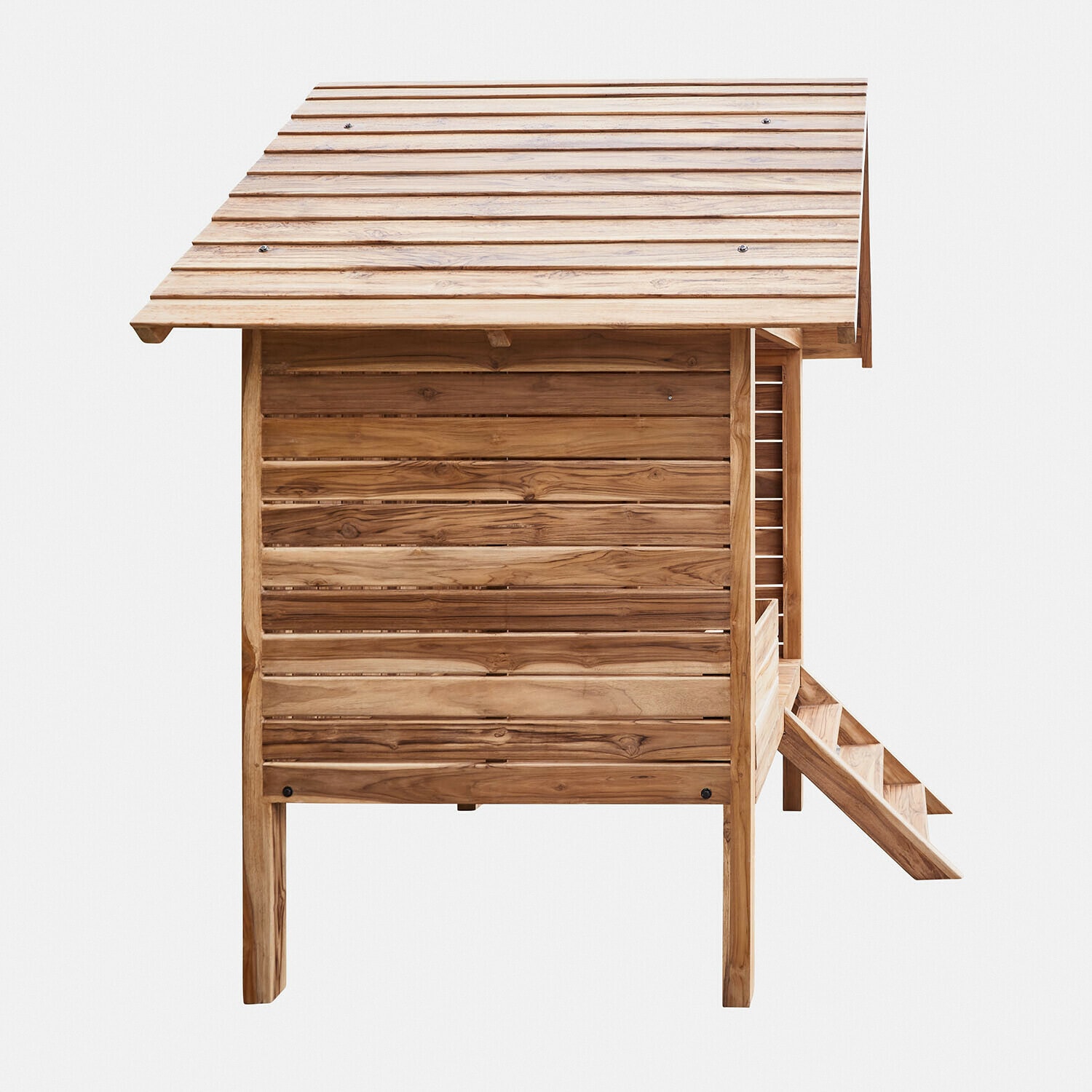 Hühnerstall aus natürlichem braunem Teakholz mit geneigtem Dach und Treppe, stabile Holzkonstruktion