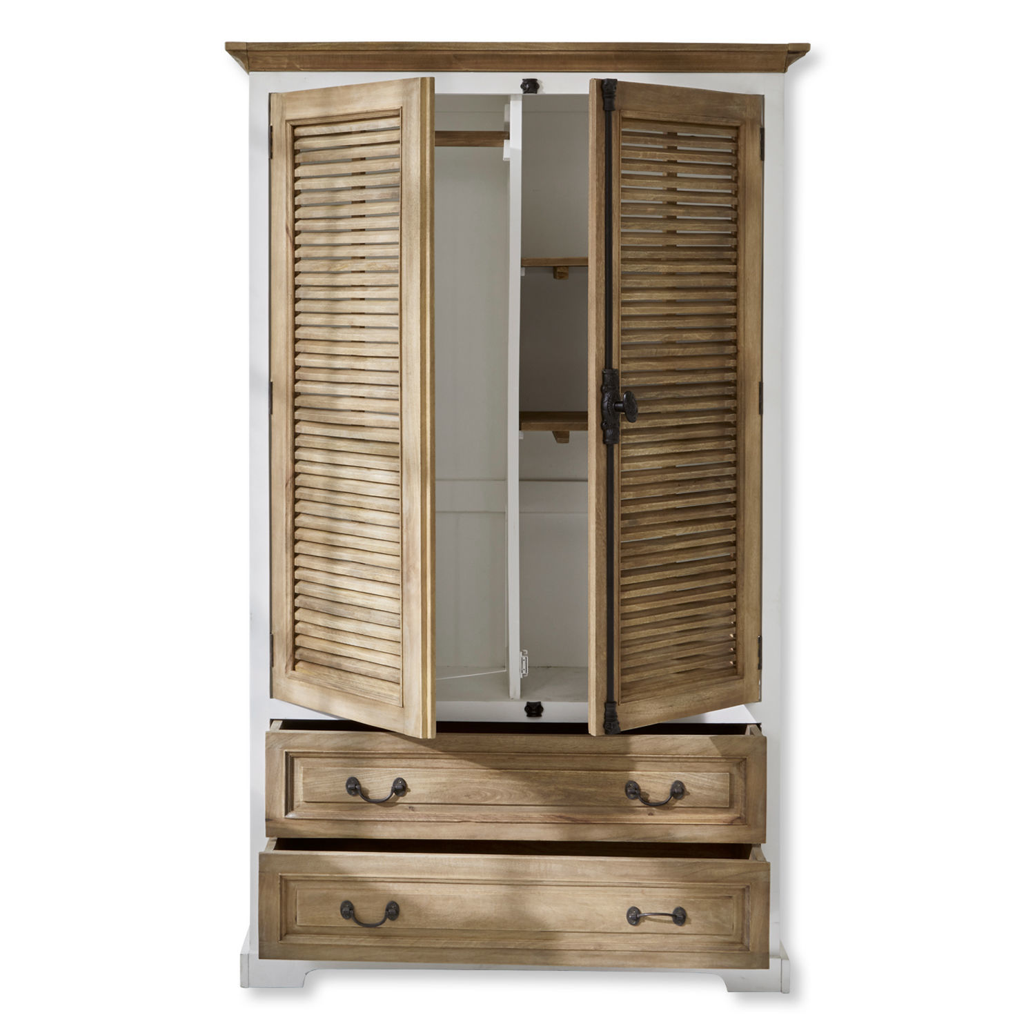 Holzschrank mit zwei Lamellentüren und zwei Schubladen in natürlicher Holzfarbe