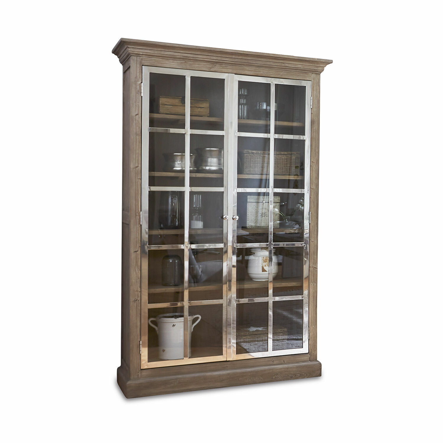 Schrank Keyport Vitrine aus Holz mit Glastüren und Metallrahmen, naturfarbig, elegantes Aufbewahrungsmöbel fürs Wohnzimmer