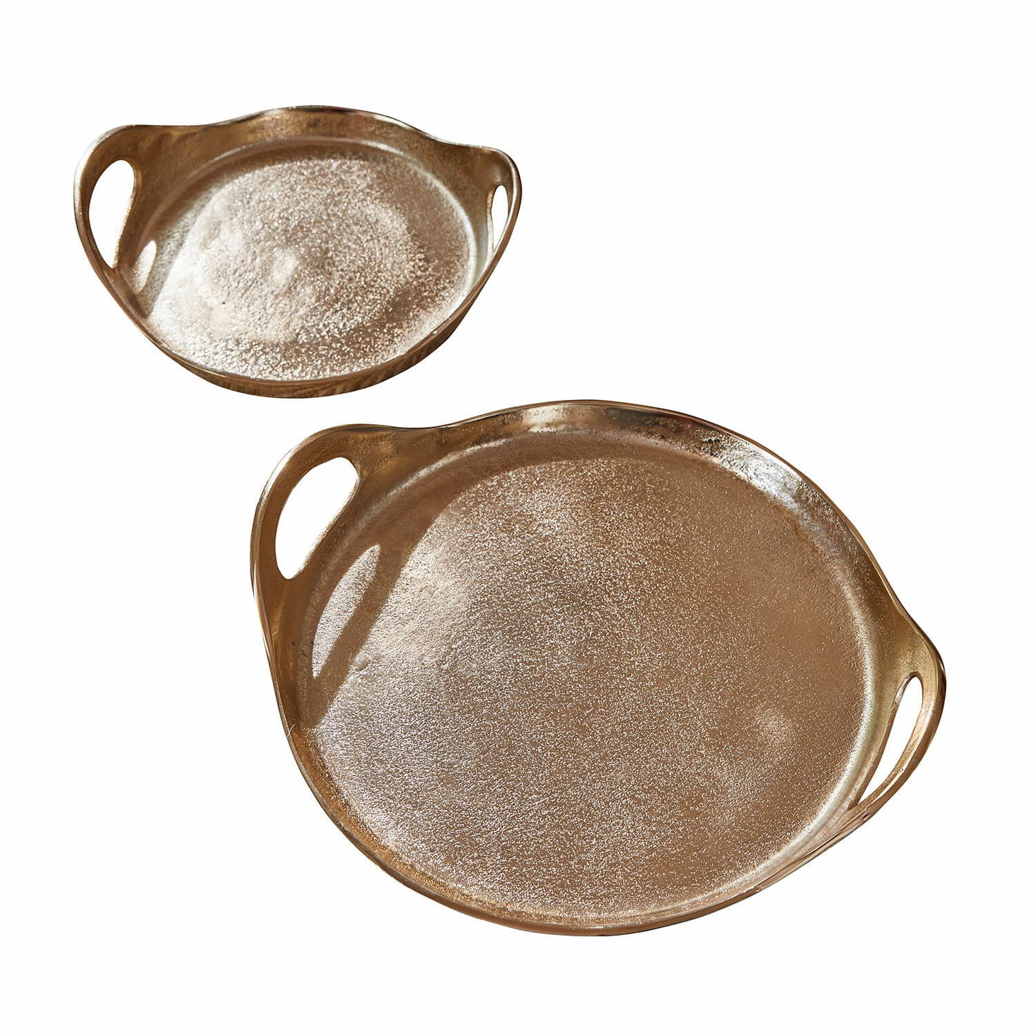 Tablett 2er Set Tiavela Set aus zwei goldfarbenen Metalltabletts mit Griffen, dekorativ und praktisch für Zuhause