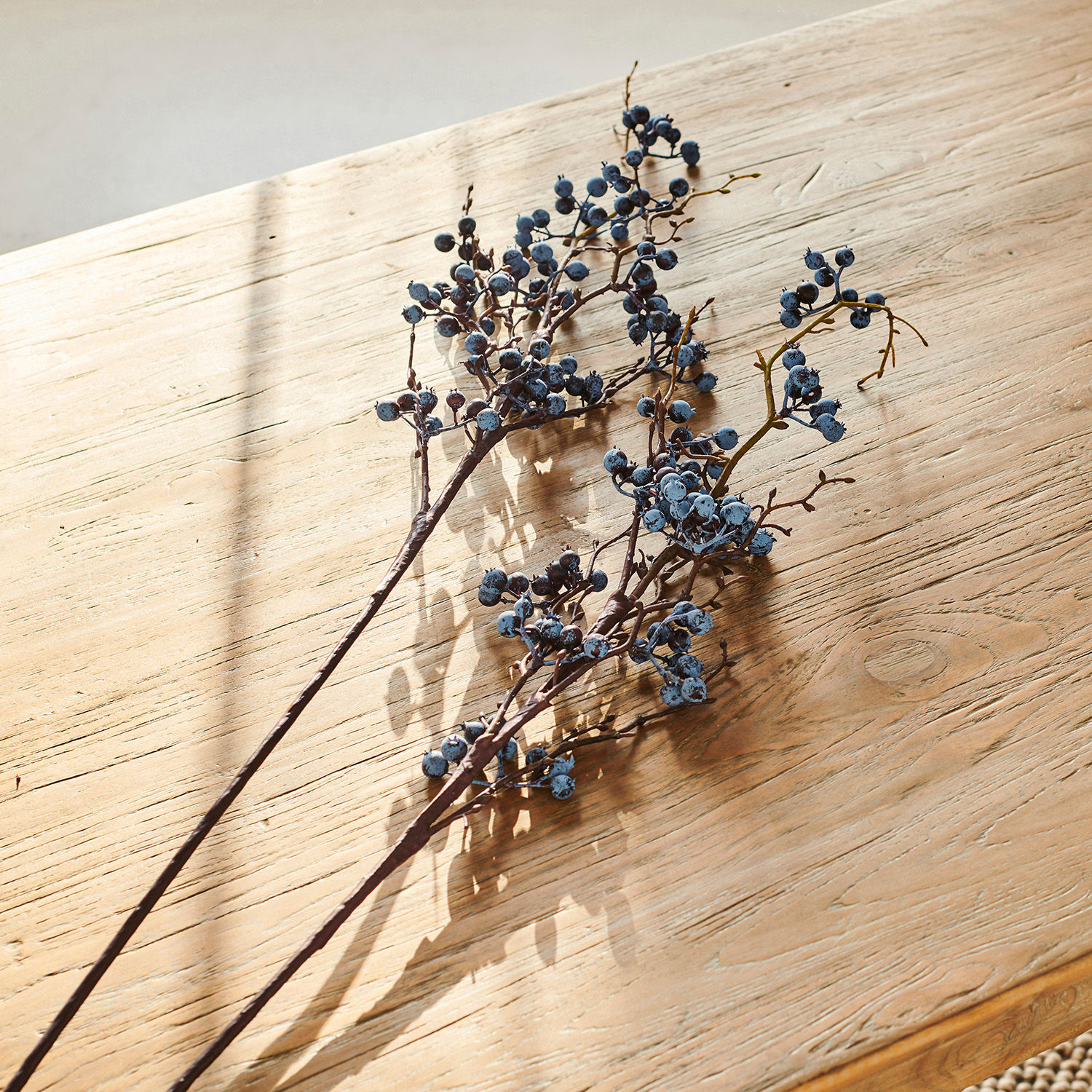Zwei Zweige mit blauen Beeren auf hellem Holztisch, natürliche Dekoration