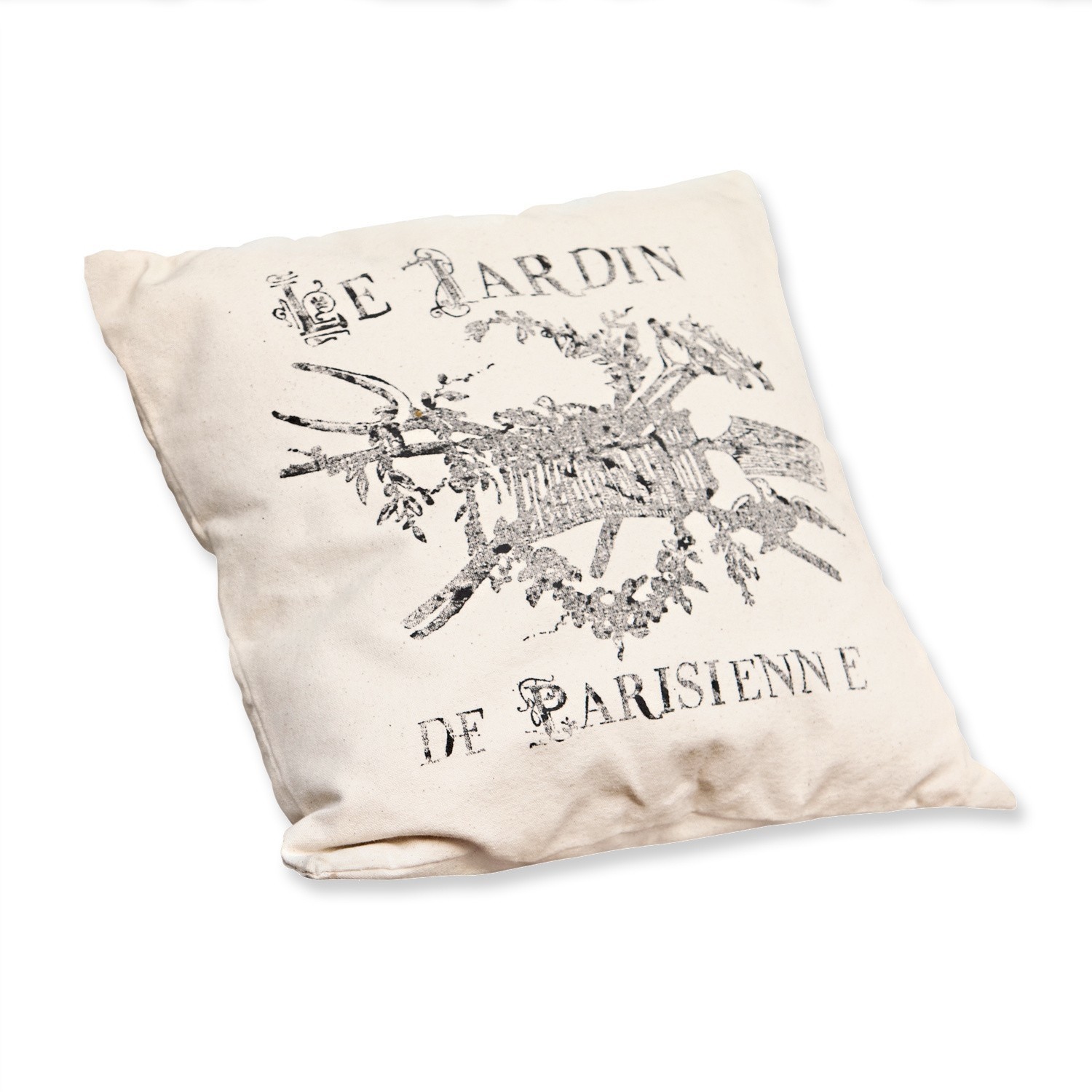 Beige Baumwoll-Dekokissen mit schwarzem Gartenmotiv und französischem Schriftzug