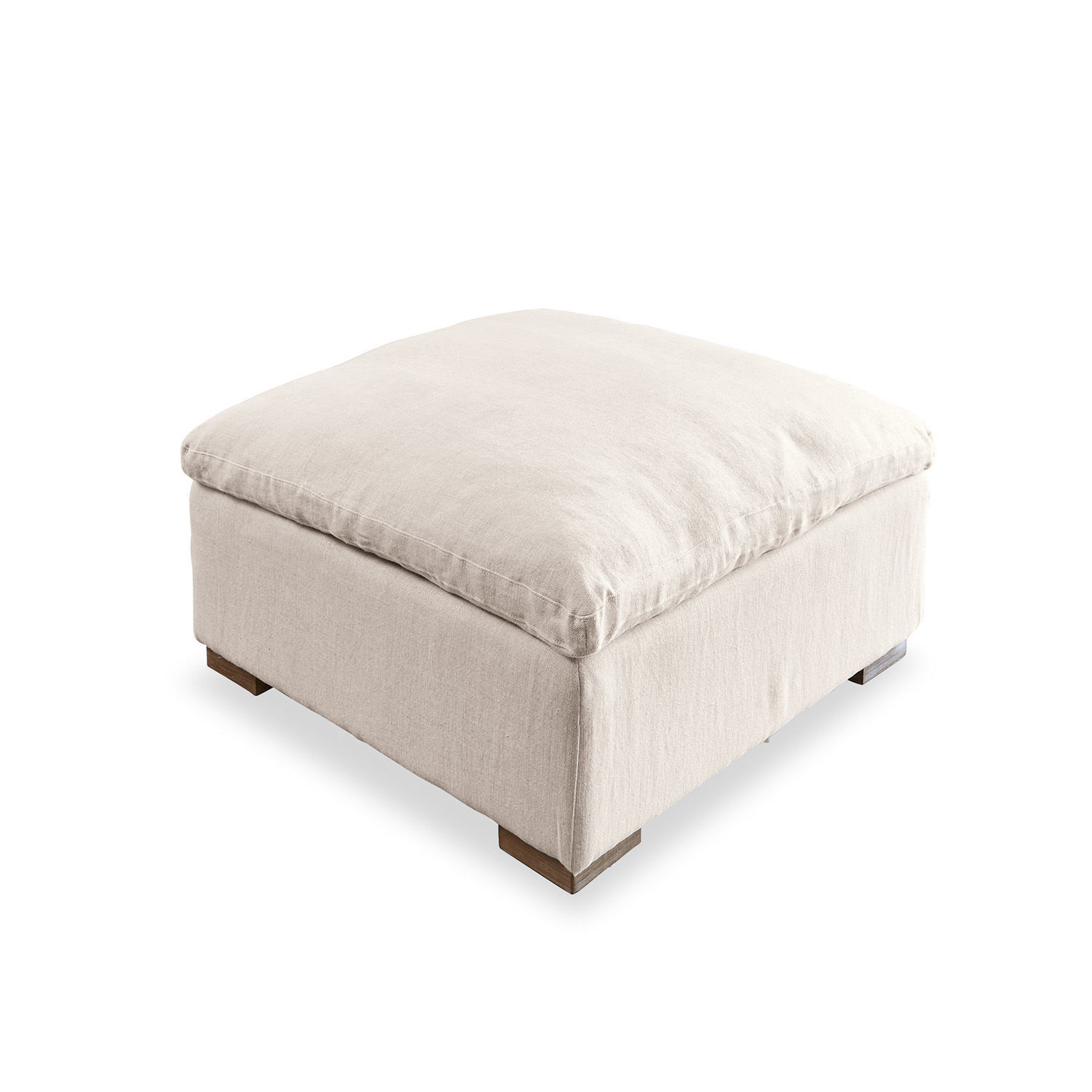 Hocker Bennington Quadratischer Hocker aus hellbeigem Leinen mit Holzfüßen für gemütliches Wohnzimmer