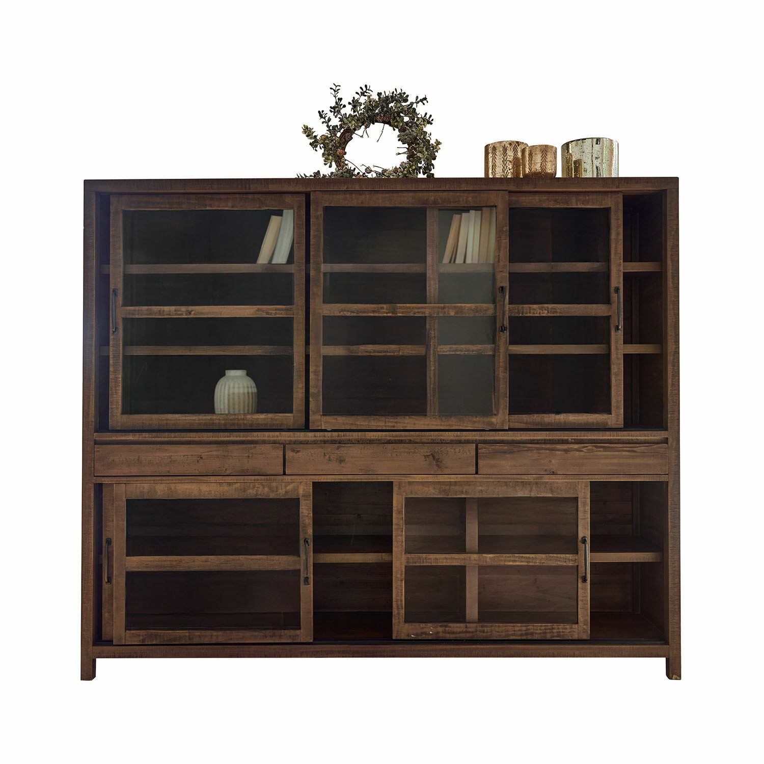 Schrank Whitborne Großer brauner Holzvitrinenschrank mit Glastüren und Regalen, Wohnzimmermöbel