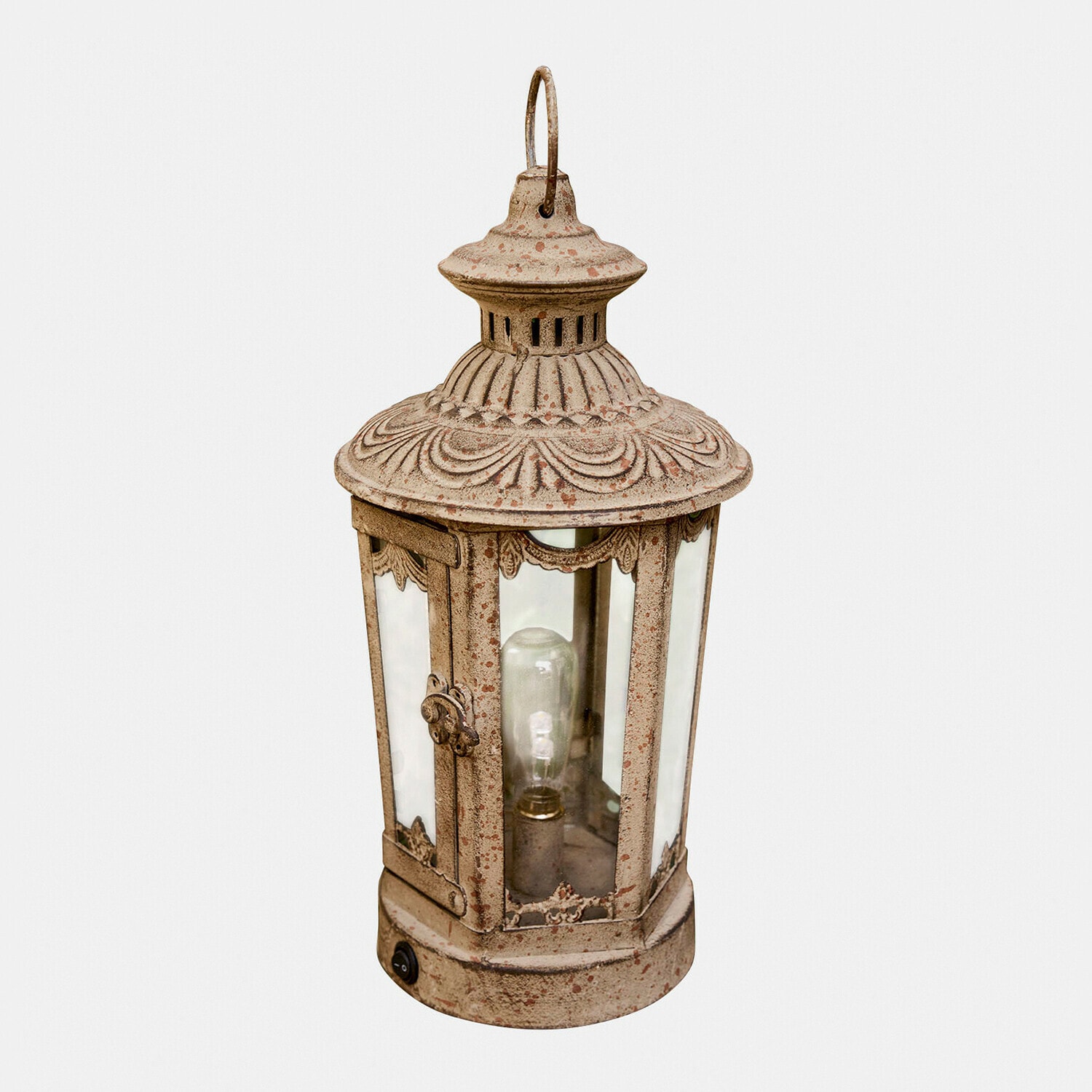 Dekorative Metalllaterne im Vintage-Stil in gealtertem Beige mit klarem Glas