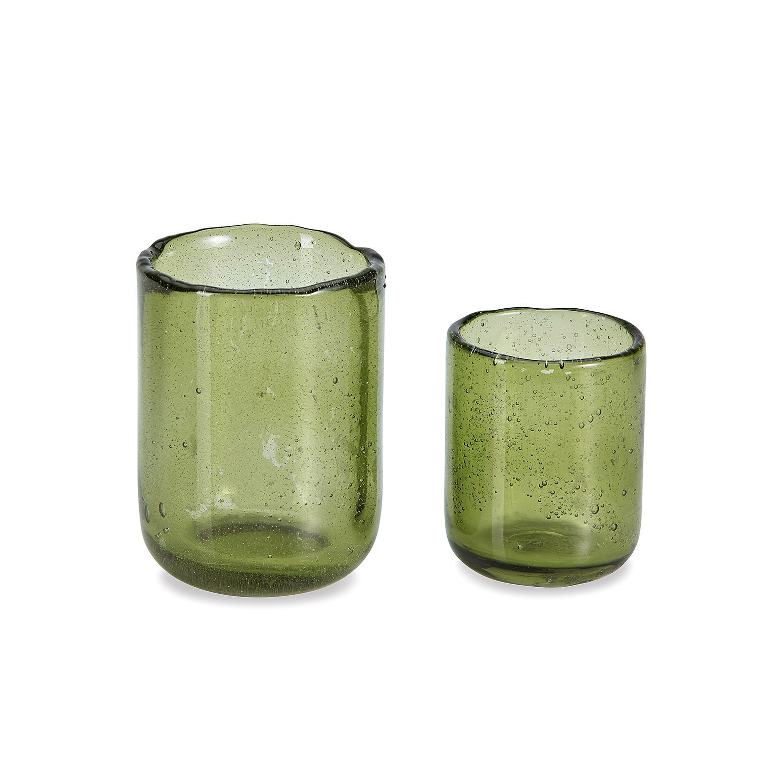 Set aus zwei grünen Glaswindlichtern mit Bläschen, Wohnaccessoire, mundgeblasenes Glas