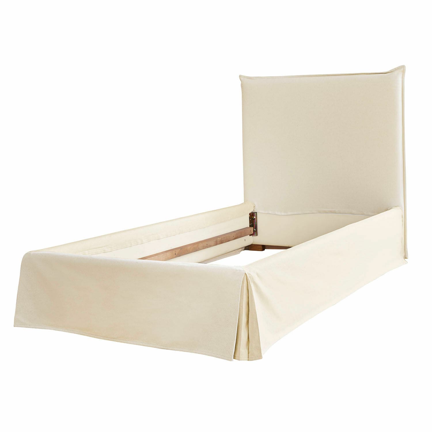 Beiges Polsterbett mit hohem Kopfteil und Holzrahmen, elegantes Schlafzimmermöbel