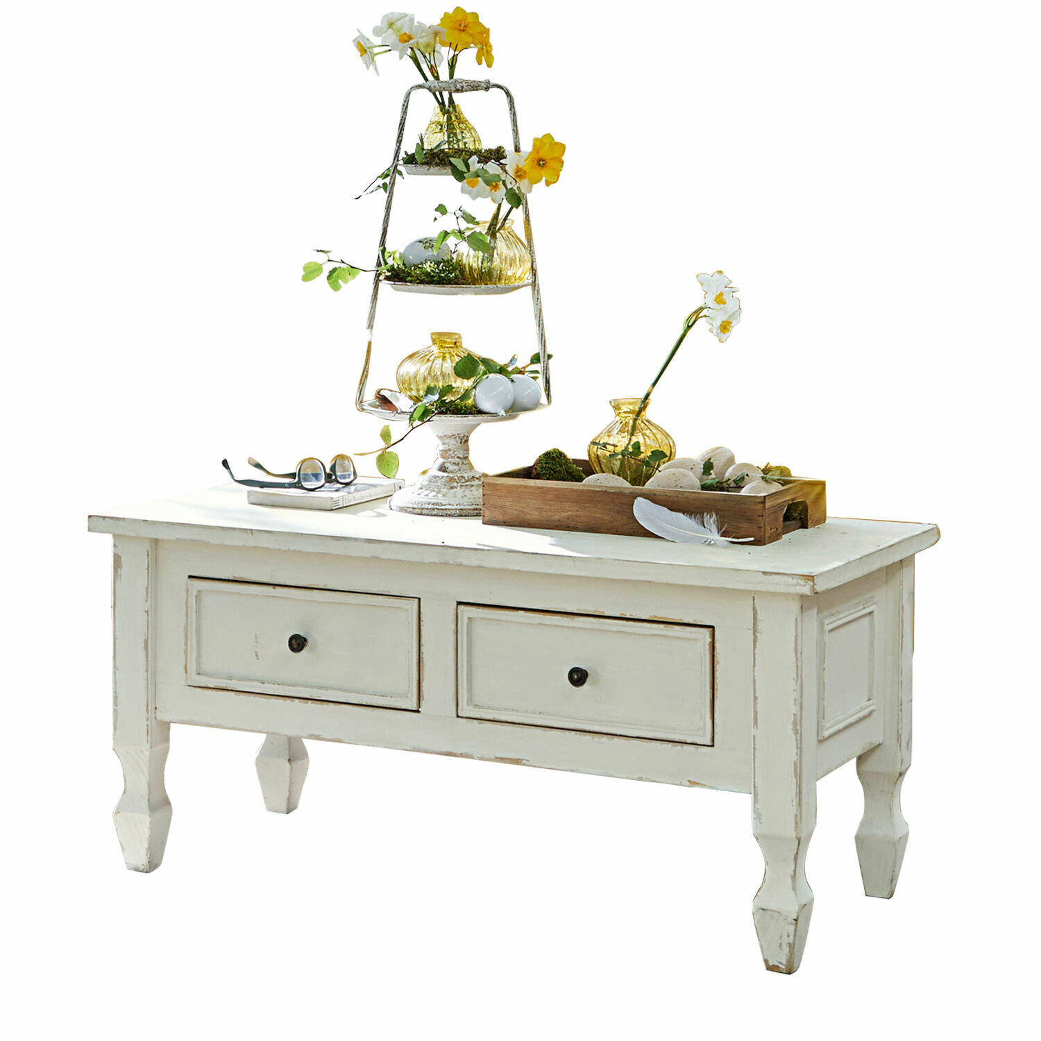 Couchtisch Yurielka Weißer Holztisch mit Schubladen und Frühlingsdeko aus gelben Blumen und Glasvasen