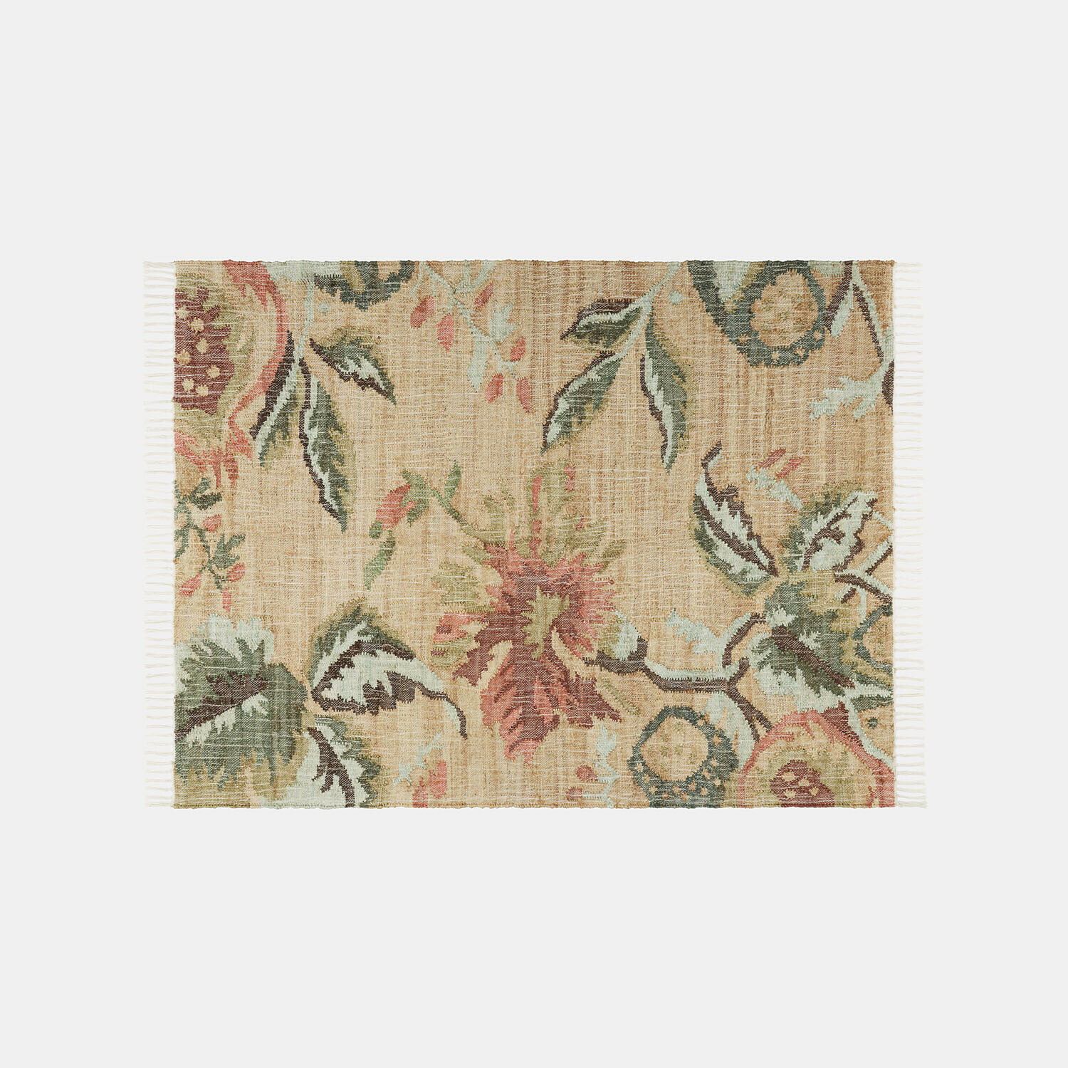 Teppich Lorviano Teppich aus Naturmaterial mit floralem Muster in warmen Beige- und Grüntönen