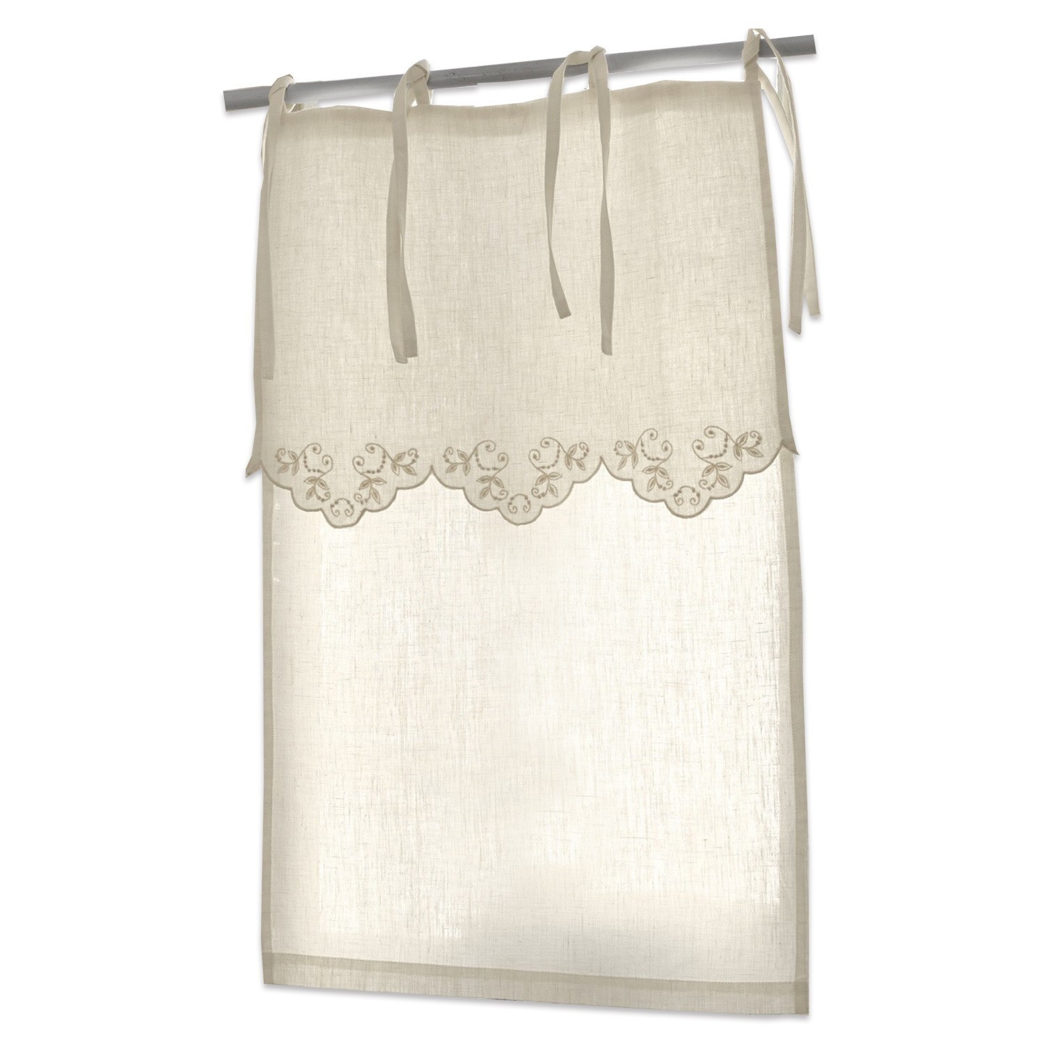 Beige Leinenvorhang mit besticktem Muster und Schlaufen zum Aufhängen, Fensterdekoration
