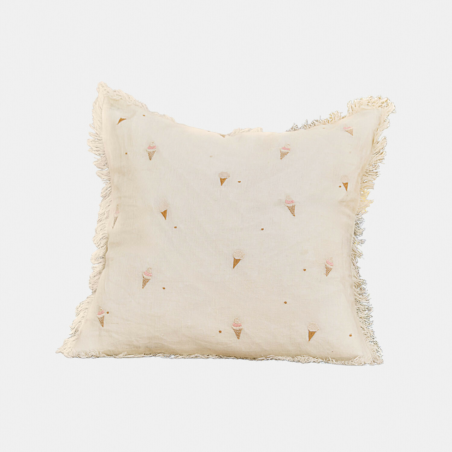 Beiges Leinenkissen mit Fransen und pastellfarbenen Eishörnchen-Stickereien, Wohnaccessoire