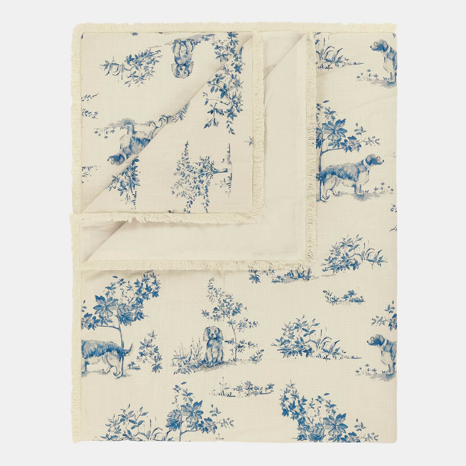 Baumwoll-Decke in Creme mit blauem Hunde- und Pflanzenmuster, weicher dekorativer Heimtextilartikel
