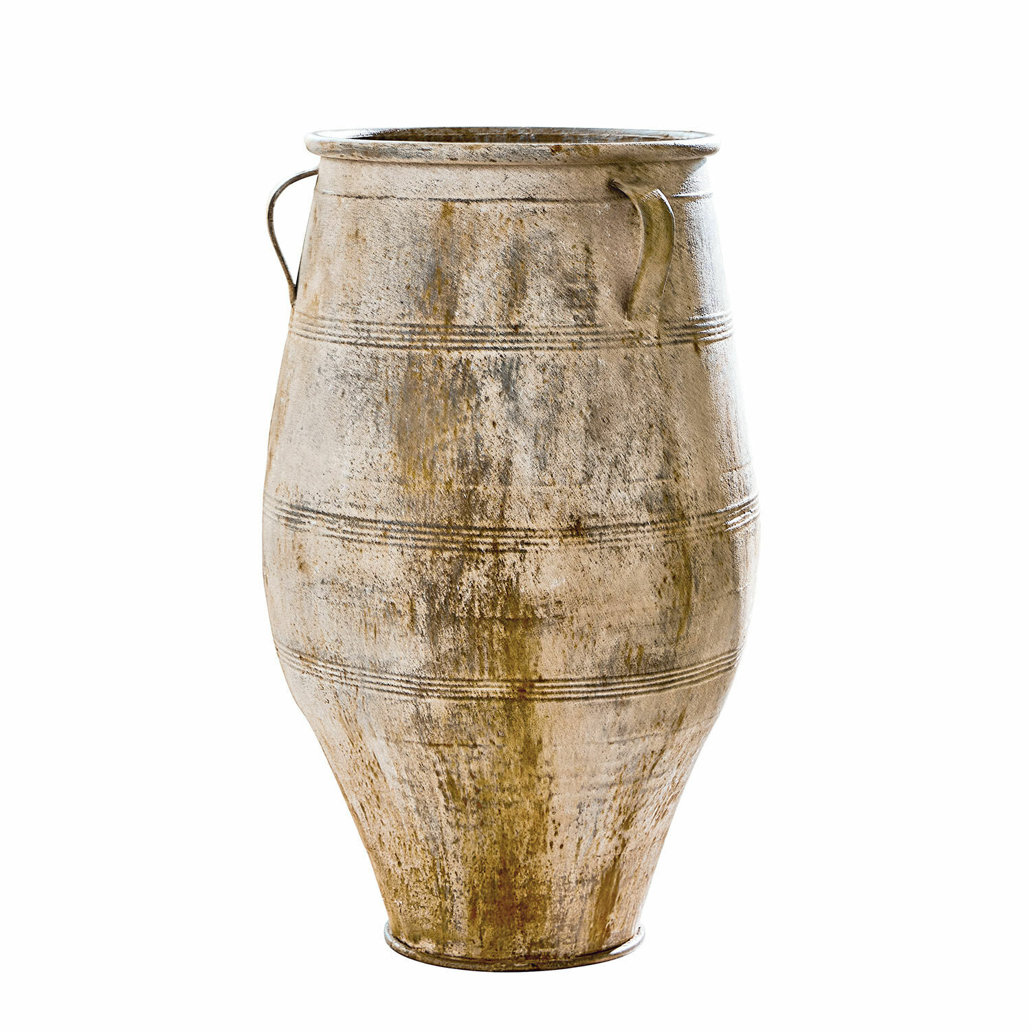 Große beige Keramikvase mit Patina und Griffen, rustikale Wohnraumdekoration