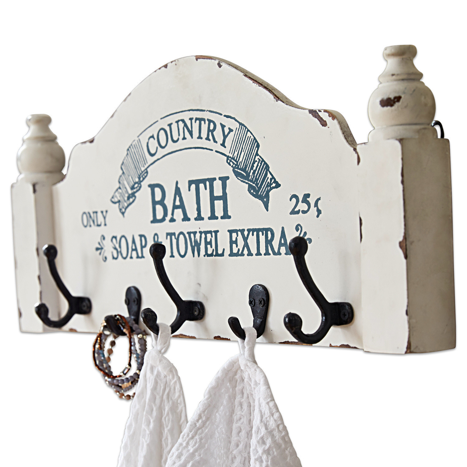 Wandhaken aus Metall in Creme mit schwarzen Haken im Vintage-Stil für das Badezimmer