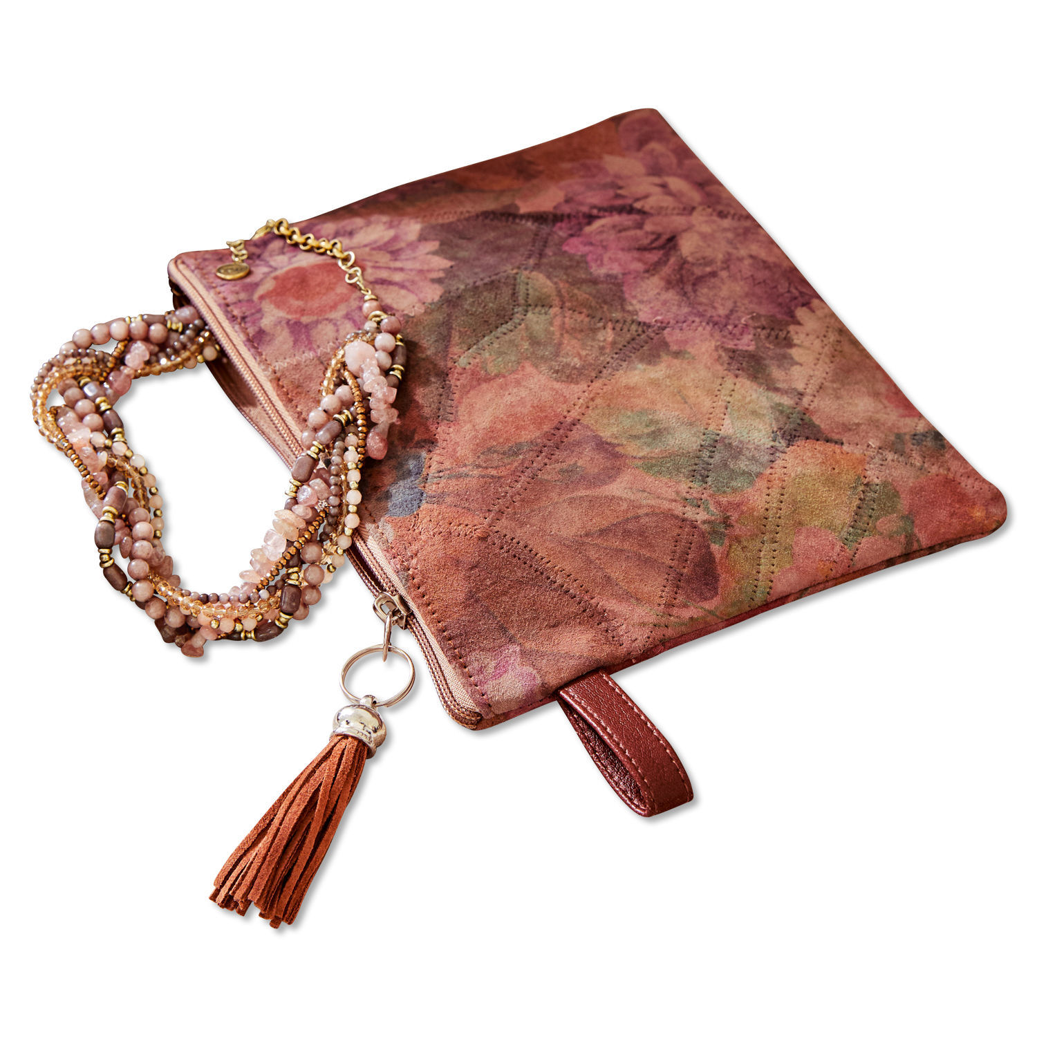 Rosa Wildleder-Clutch mit floralem Muster und Quaste, modisches Accessoire für den Alltag