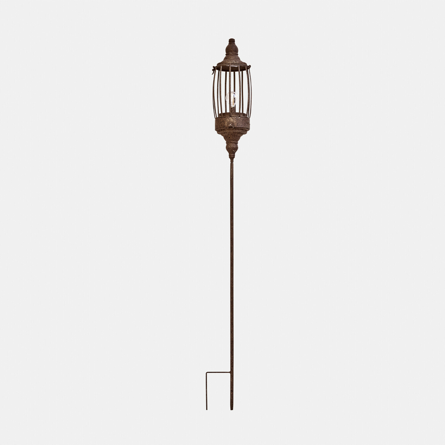Dekorative Gartenlampe aus rostigem Metall mit Käfig und Glühbirne, Außenbeleuchtung