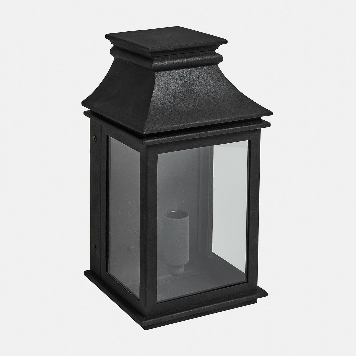 Schwarze Metalllaterne mit klarem Glas und klassischem Design für Außenbeleuchtung