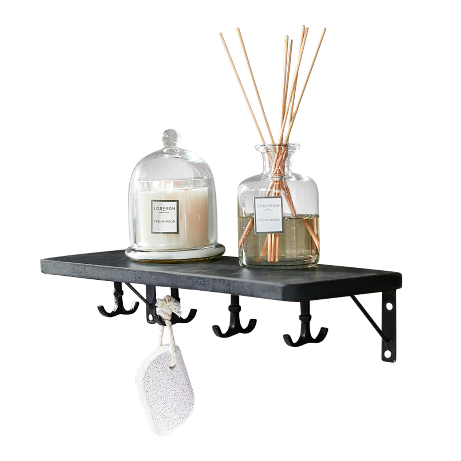 Wandregal Agnessa Schwarzes Metall-Wandregal mit Haken, Kerze unter Glasglocke und Zedernholz-Diffusor