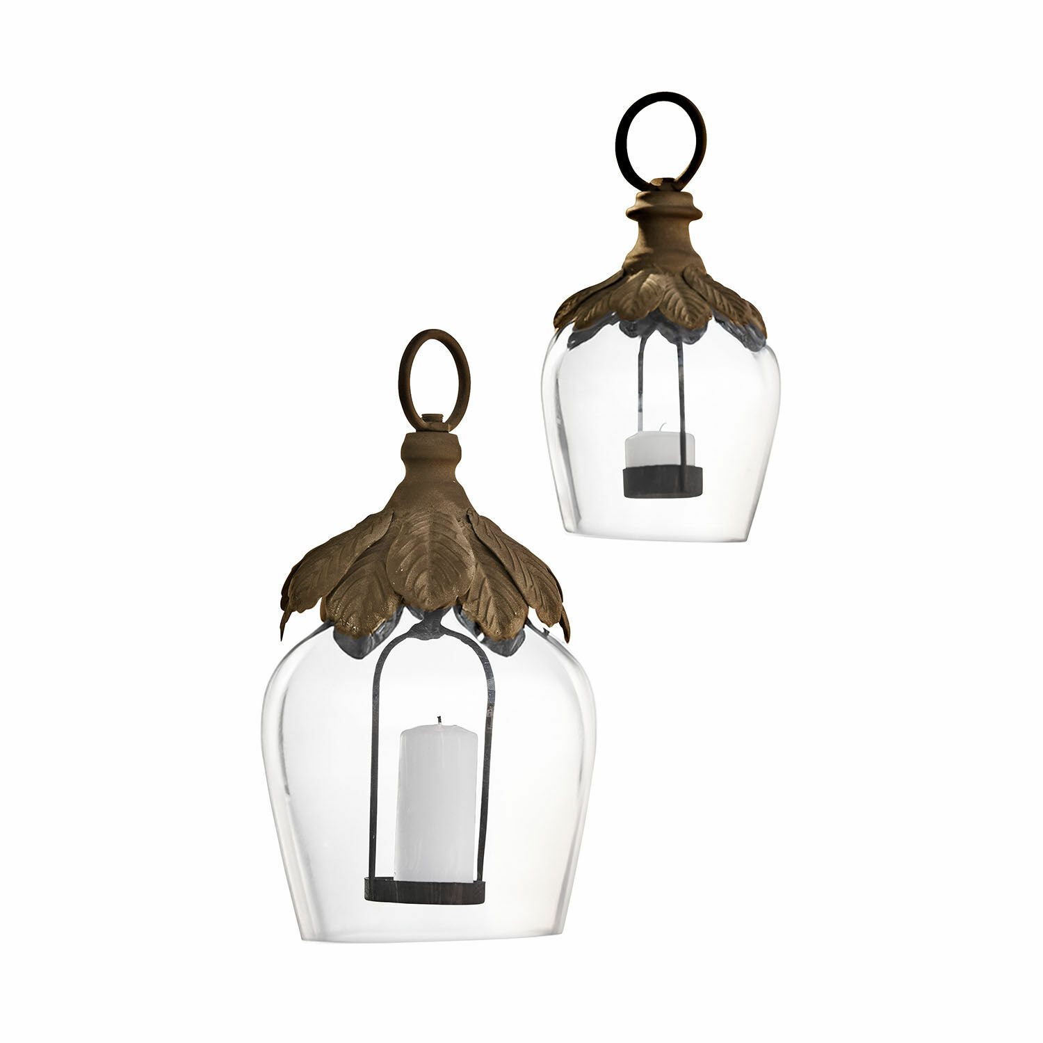 Hängelaterne 2er Set Tourillan Glaslaterne mit weißer Kerze und messingfarbenem Blätterkranz, dekorativer Wohn- und Gartenschmuck
