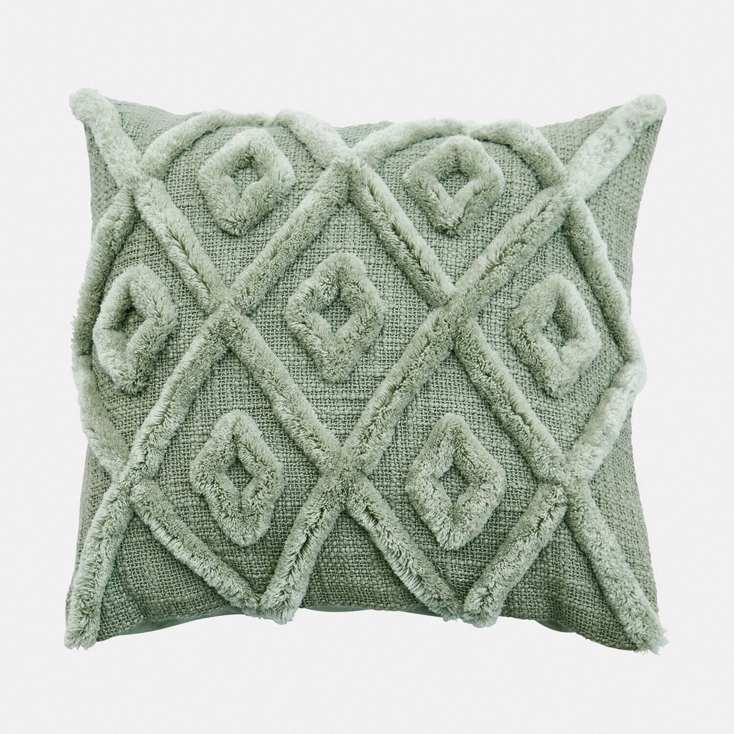 Weiches grünes Dekokissen mit geometrischem Muster aus Stoff und Plüschtextur