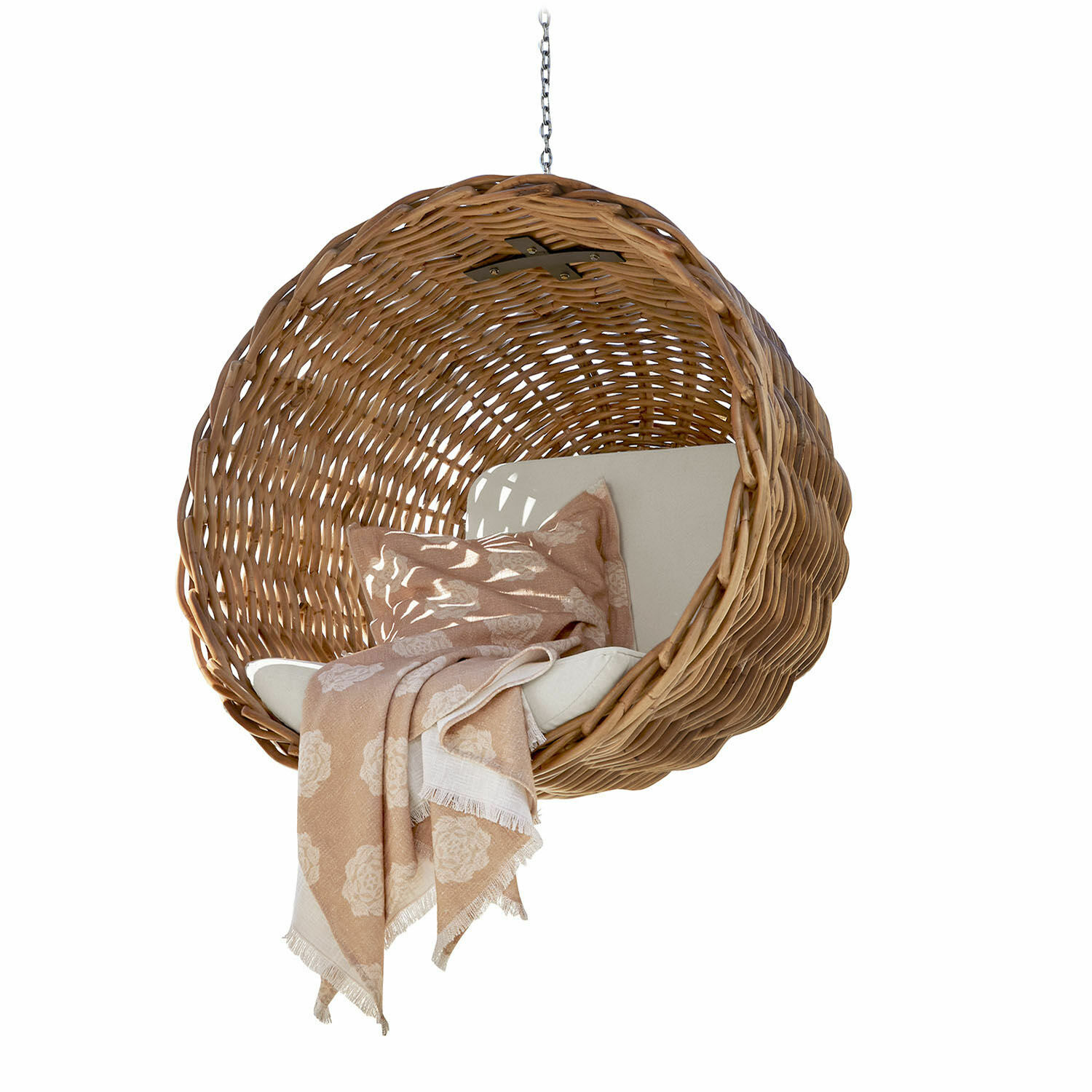 Hängesessel Nirevox Hängesessel aus natürlichem Rattan mit hellem Kissen und beiger Decke mit Blumenmuster für gemütliche Sitzplätze
