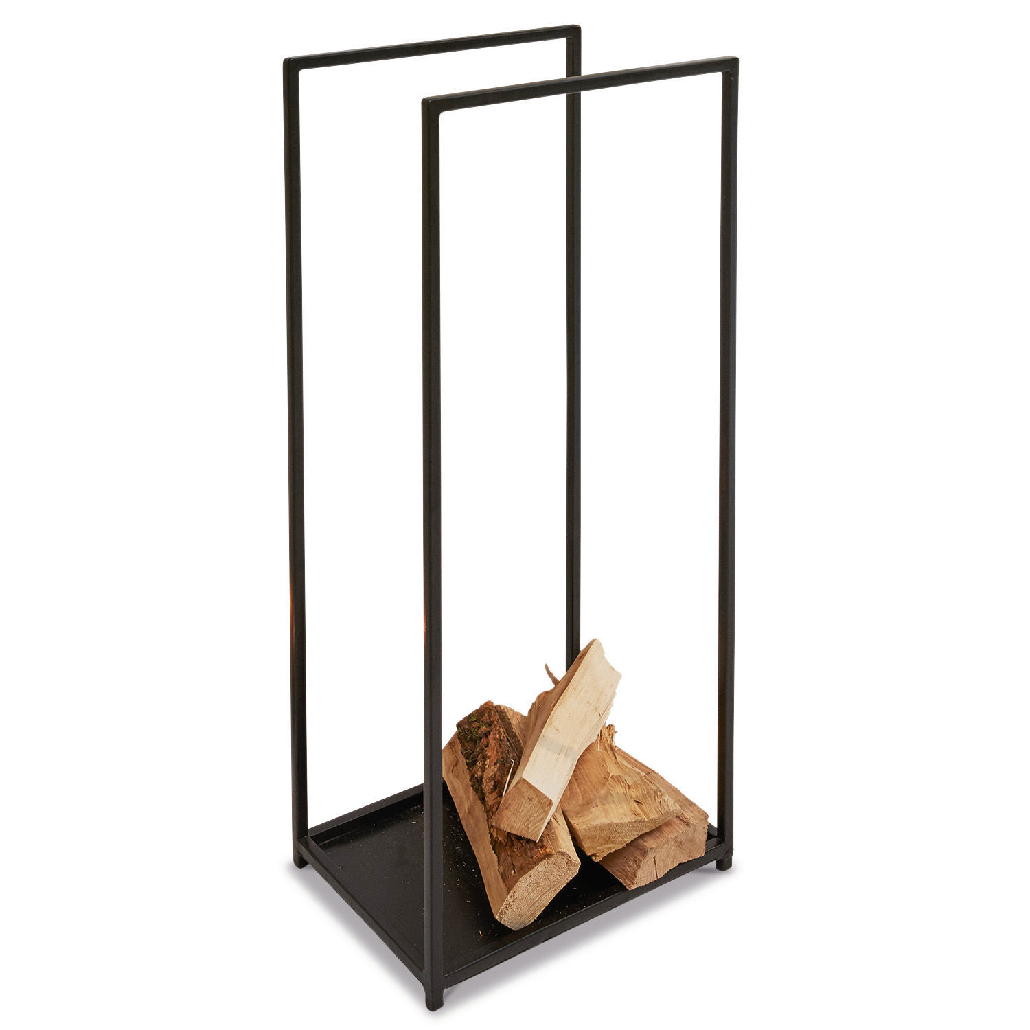 Moderner Kaminholzständer aus schwarzem Metall mit Holzscheiten, praktischer Holzhalter