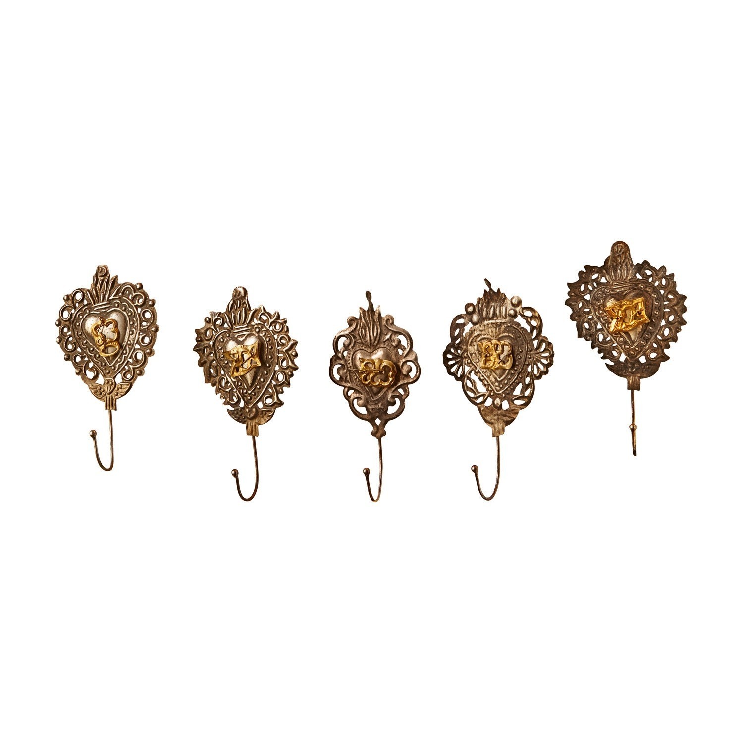 Set aus fünf Metallhaken mit verziertem Herz und goldenen Details, Wanddekoration