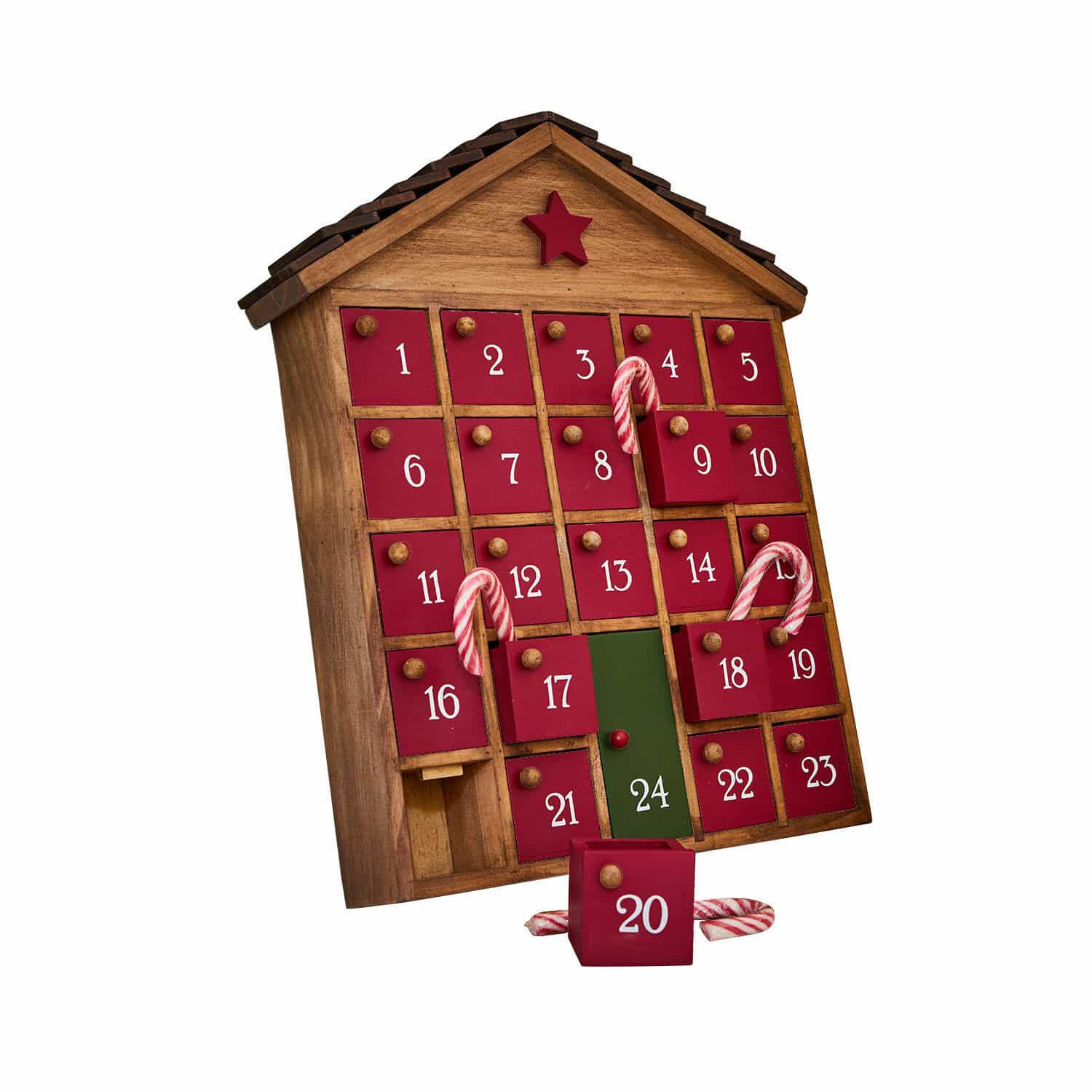 Adventskalender Zanari Holz-Adventskalender in Hausform mit roten Türen und grünem Türchen Nummer 24