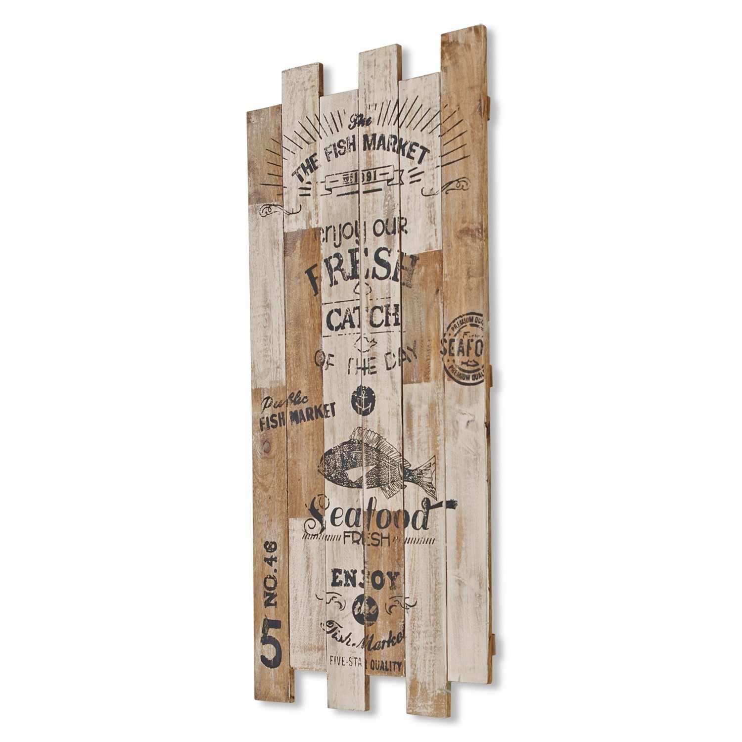 Wanddekoration aus Holz im Vintage-Stil mit Fischmotiv und Schrift in Natur- und Weißtönen