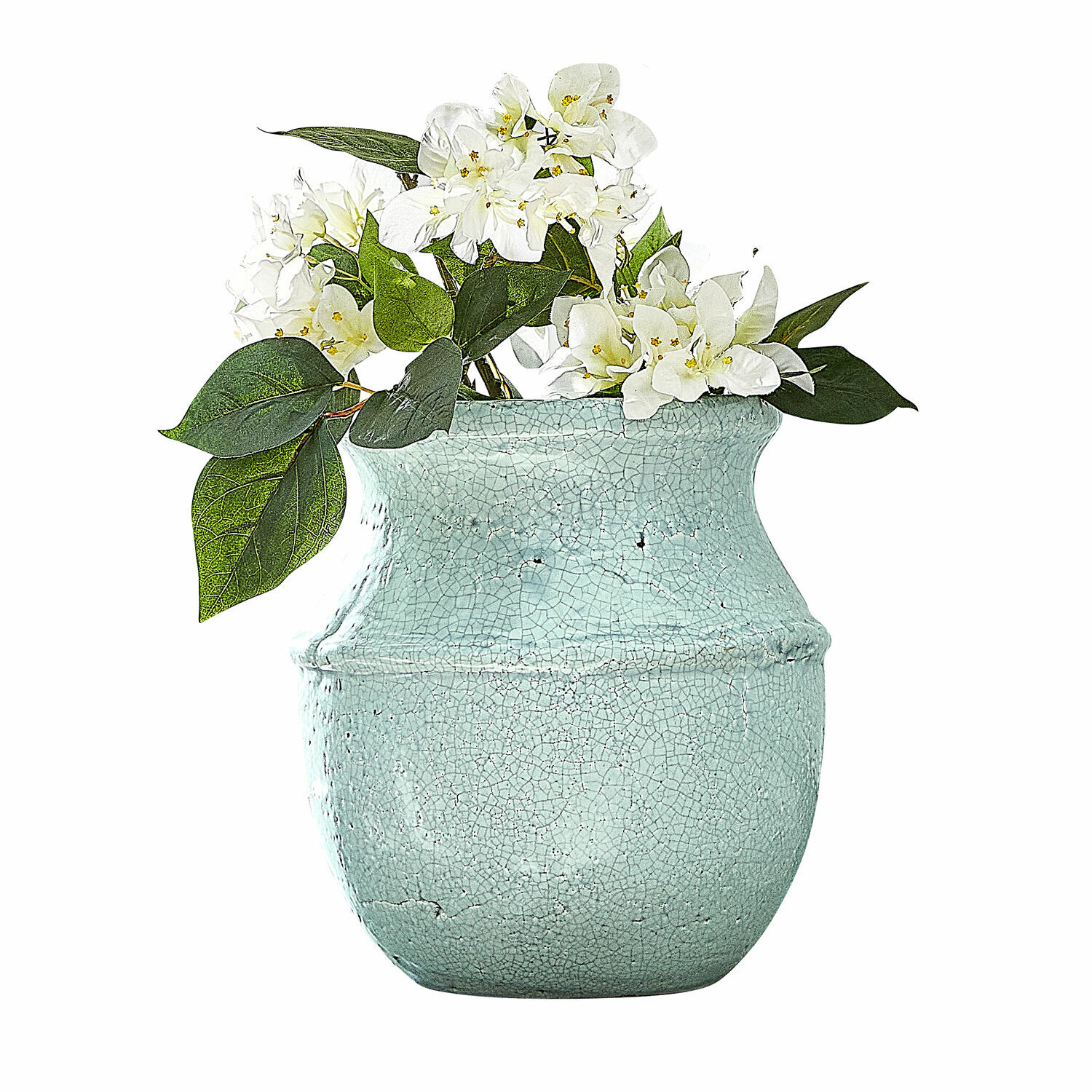 Vase Rosamonde Keramikvase in Minzgrün mit weißen Blüten und grünen Blättern als Wohnaccessoire