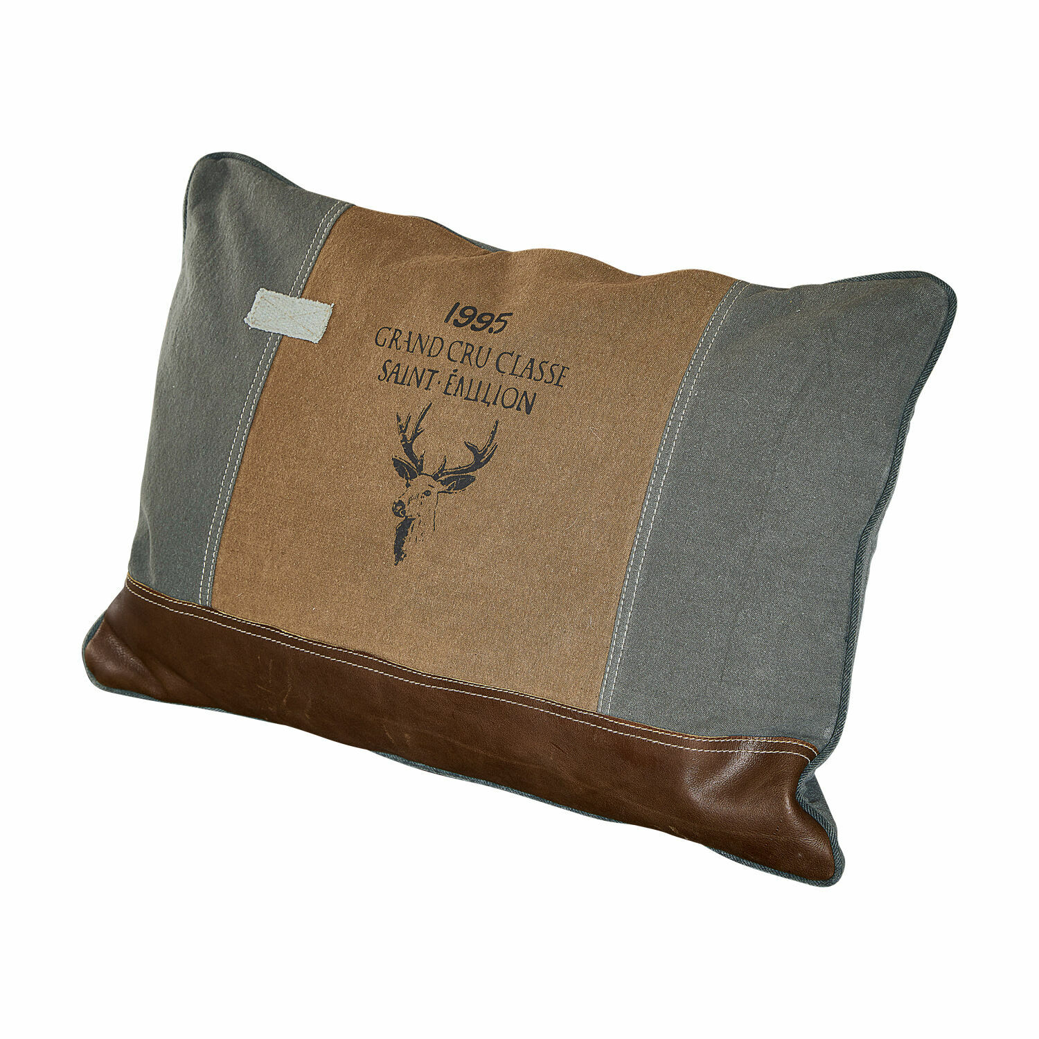 Kissen Chiron Dekoratives Kissen aus Stoff und braunem Leder mit Hirschmotiv und Grand Cru Classé Schriftzug
