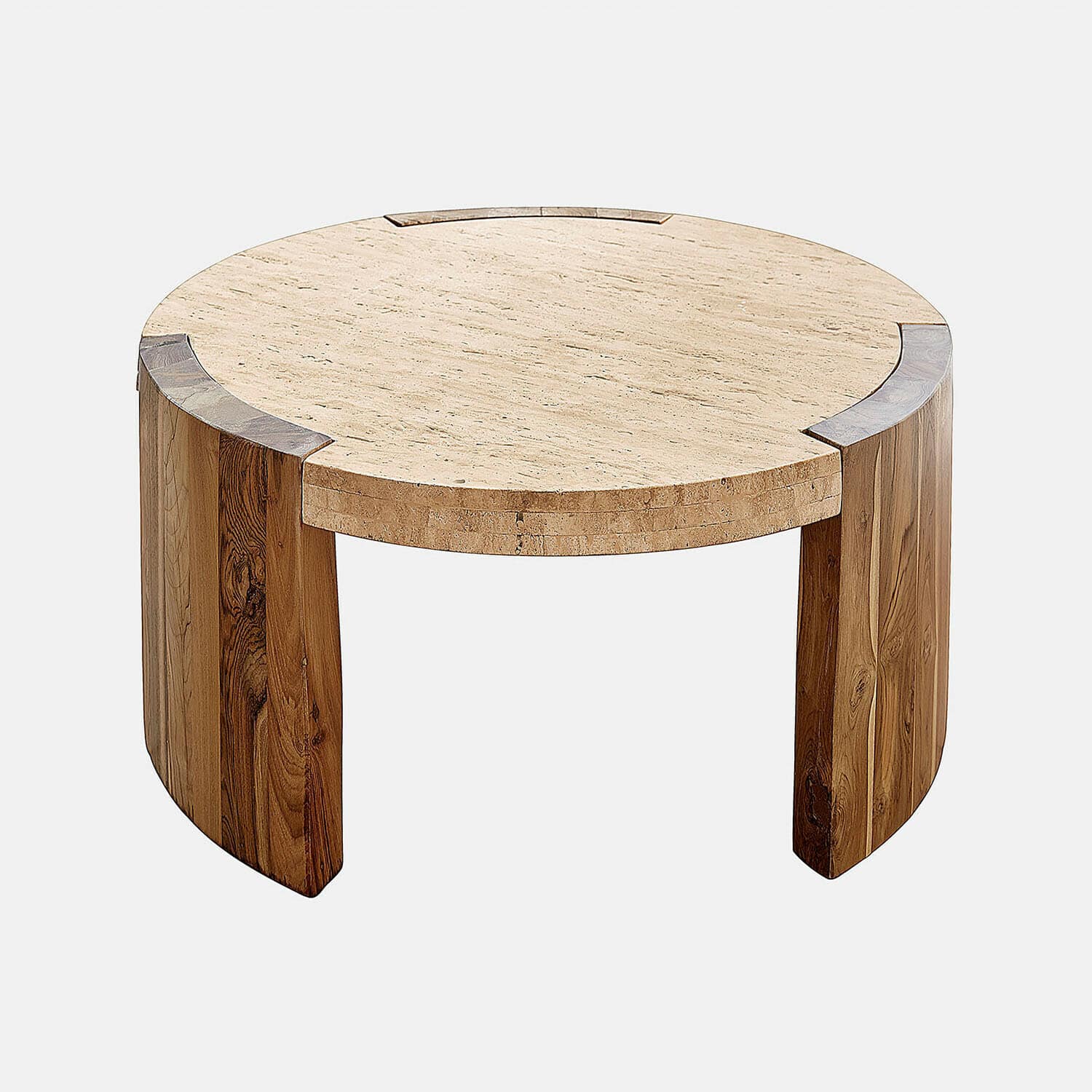 Runder Couchtisch aus hellem Marmor und Holz mit natürlicher Maserung, modernes Design