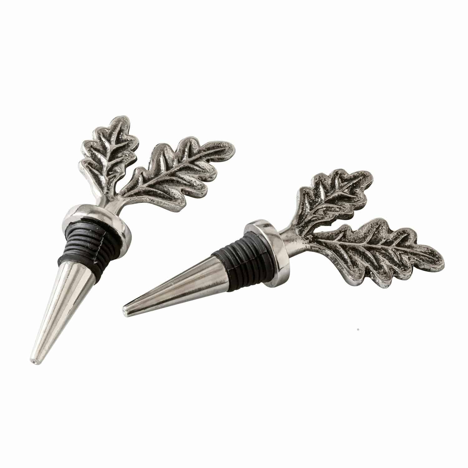 Flaschenverschluss 2er Set Vibius Set aus zwei silberfarbenen Metall-Flaschenverschlüssen mit Eichenblatt-Dekor