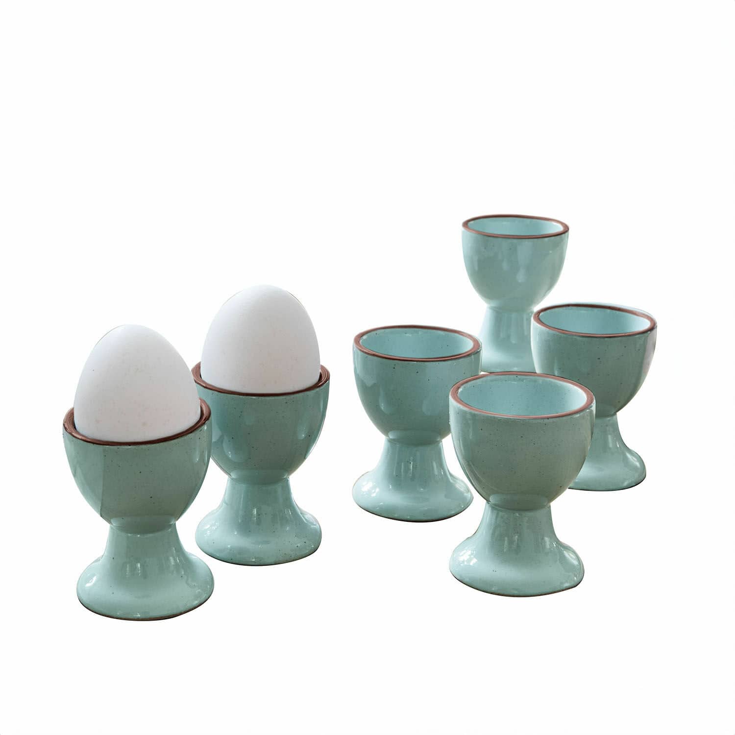 Eierbecher 6er Set Biarré Set aus sechs blauen Keramik-Eierbechern mit braunem Rand für die Küche
