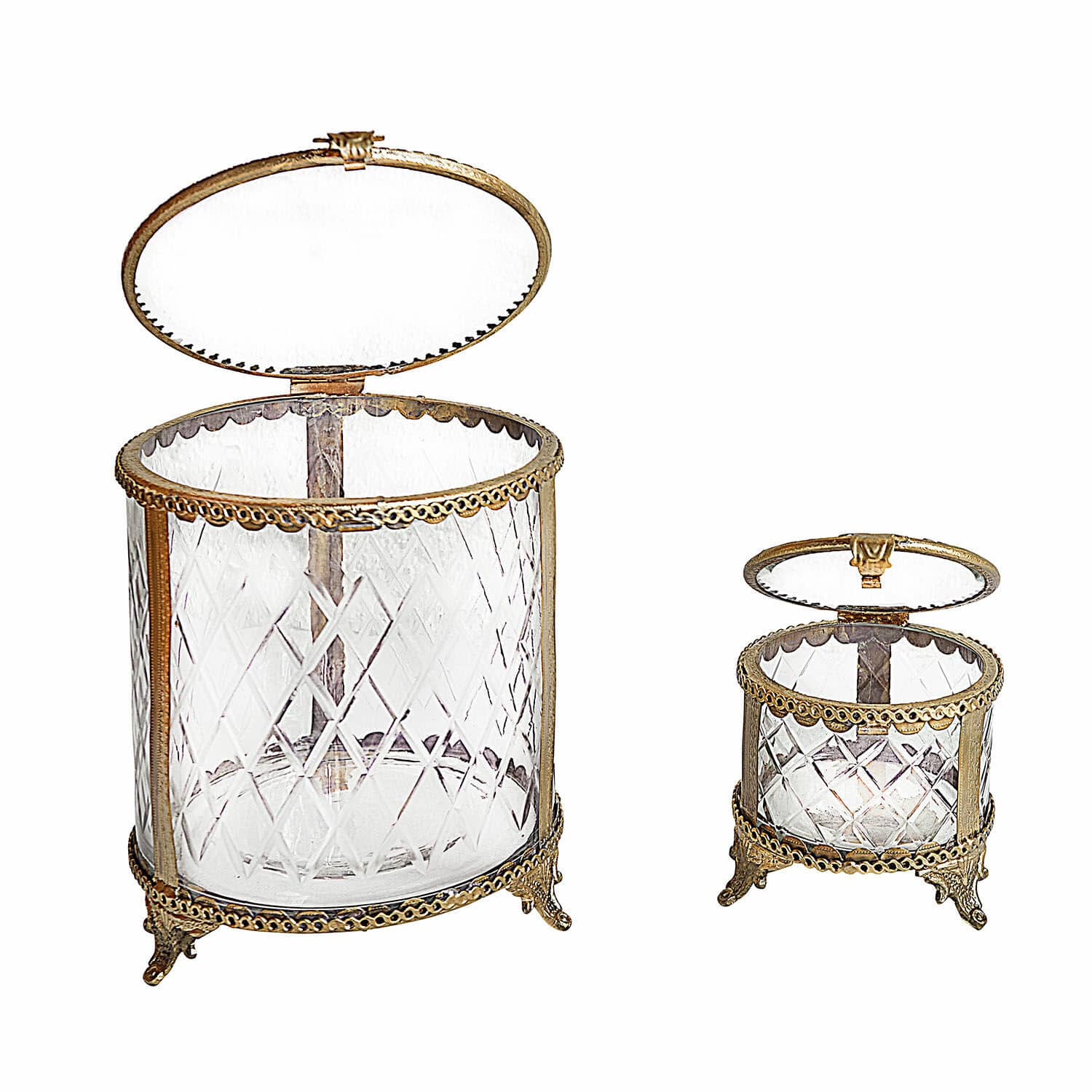 Set aus zwei Glasbehältern mit Messingverzierungen und Deckeln, dekoratives Design