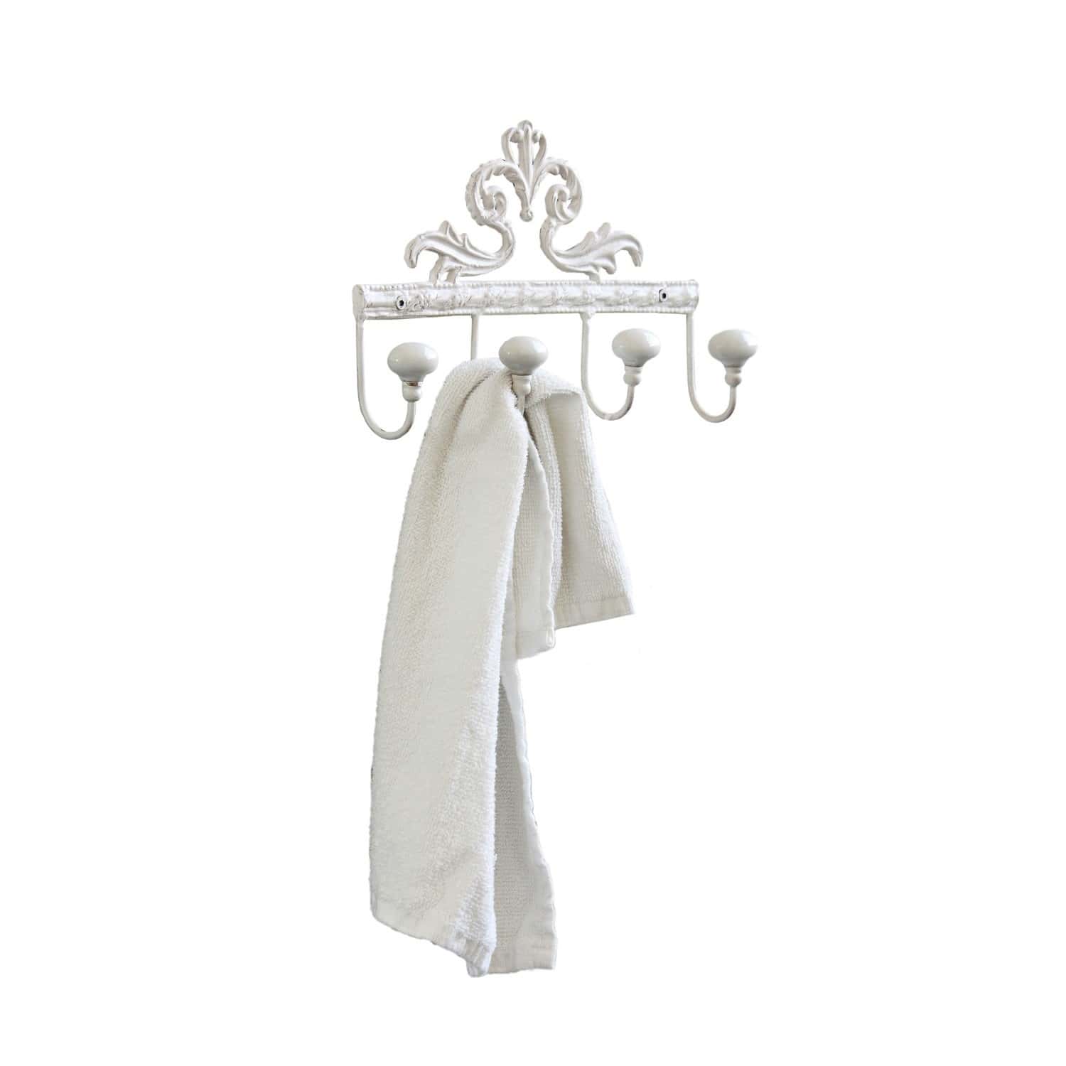 Hakenleiste Cher Weißer Metall-Wandhaken mit fünf Haken und dekorativem Muster, ideal fürs Badezimmer