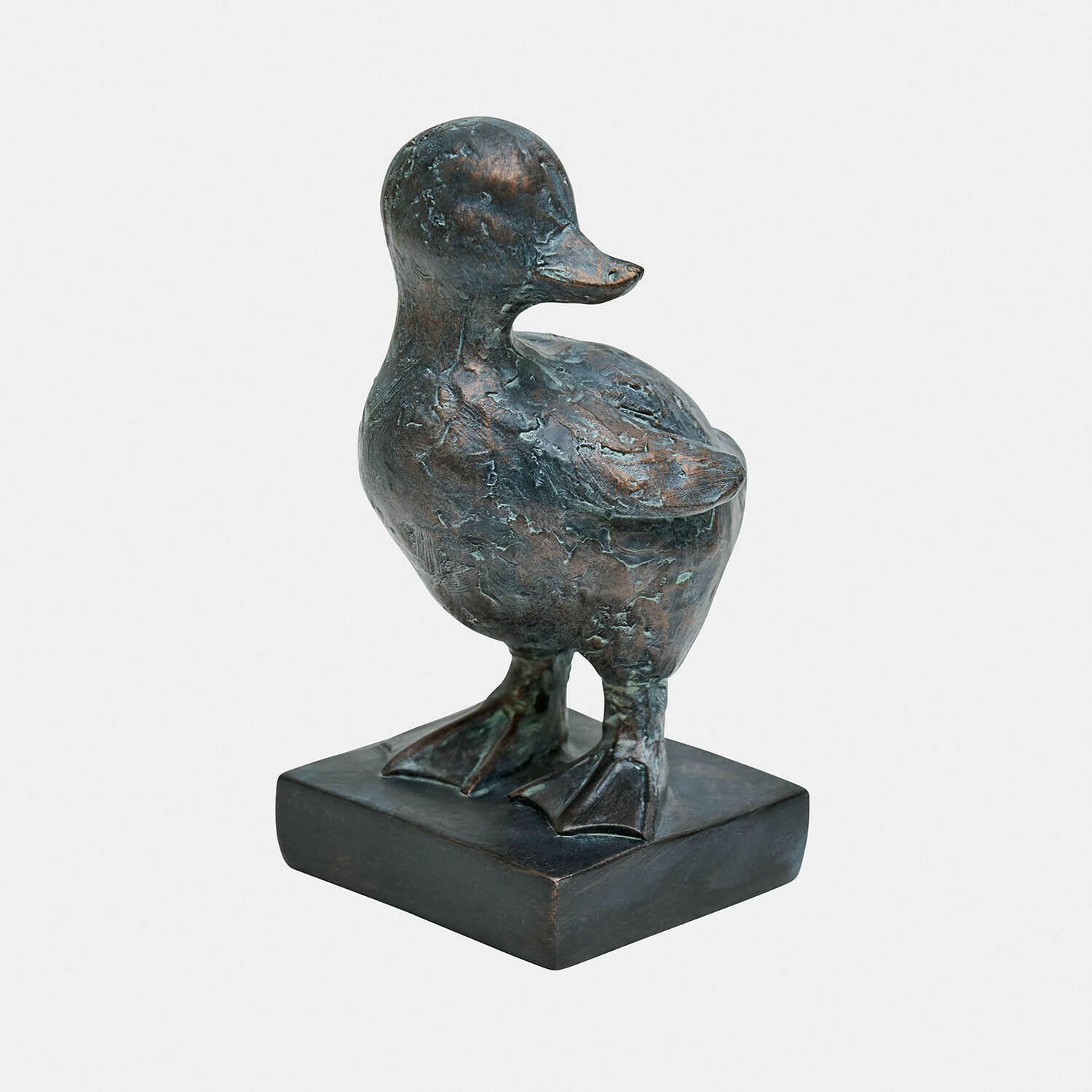 Bronzefigur einer Ente auf quadratischem Sockel, dunkle Metall-Dekoration für Haus und Garten