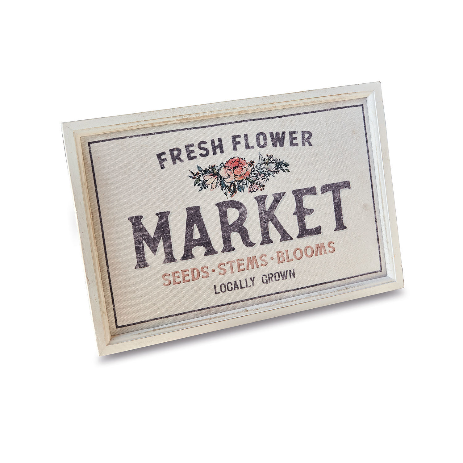 Dekoratives Holzschild mit Aufschrift Fresh Flower Market auf beigem Stoff im Vintage-Stil