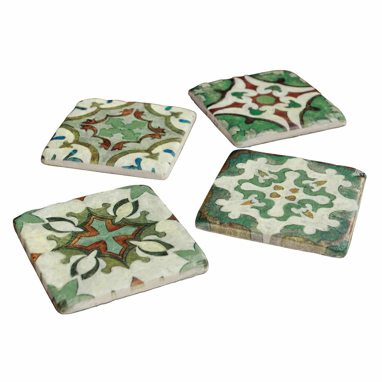Untersetzer 4er Set Angeot Set aus vier Keramikuntersetzern mit grünen und roten Mustern, dekorative Wohnaccessoires