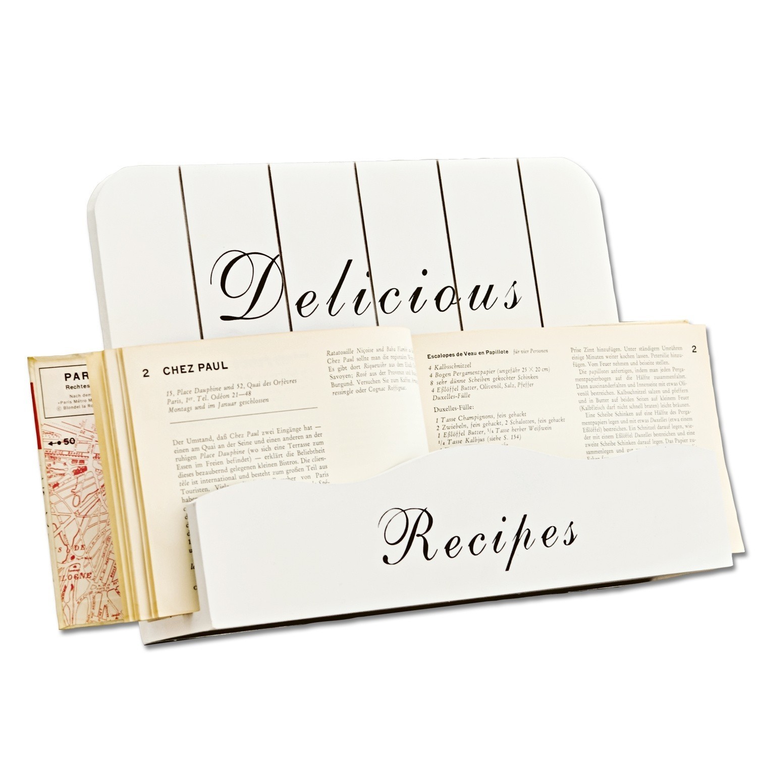 Weißer Holz-Rezeptständer mit Schriftzug Delicious Recipes für Küche und Kochen