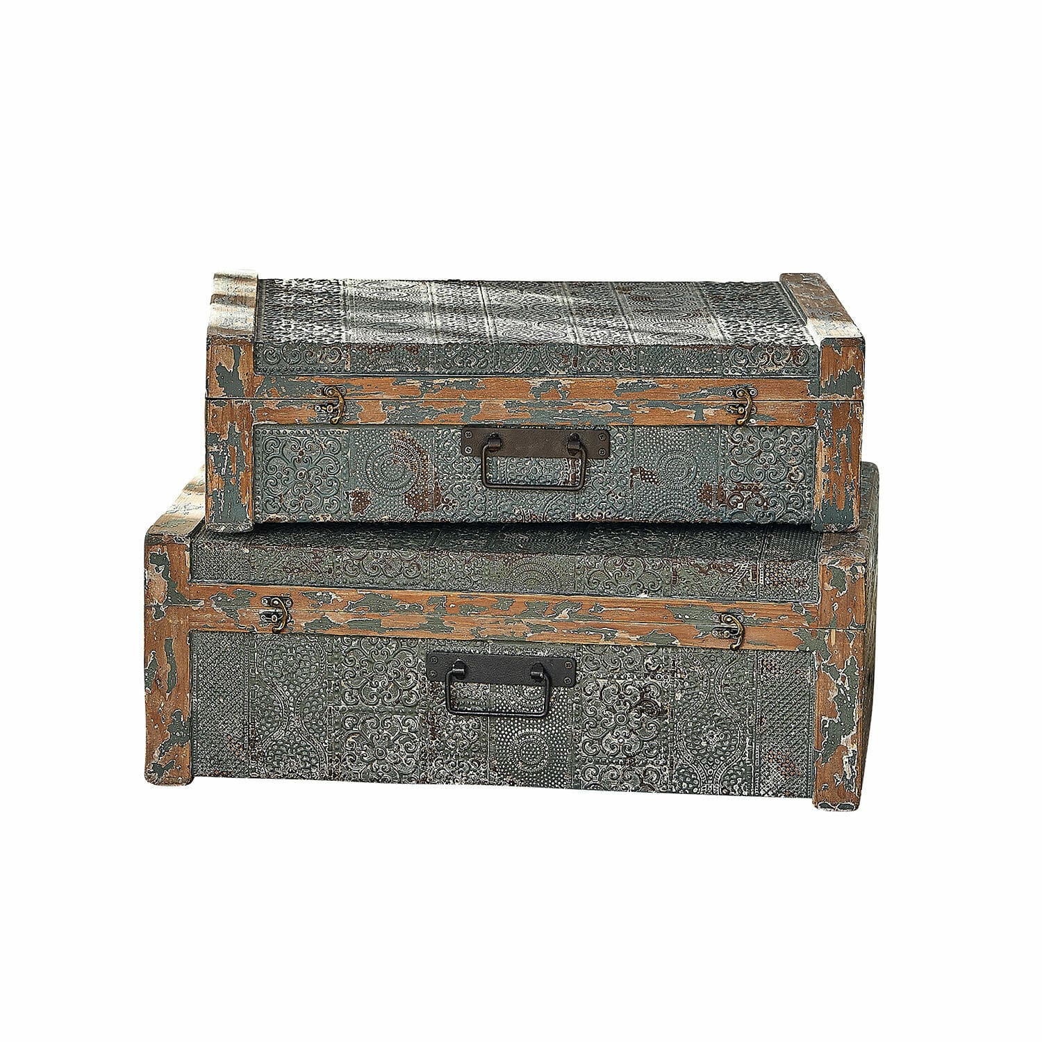 Set aus zwei Metallkisten mit dekorativem Muster und grün-brauner Patina für Aufbewahrung
