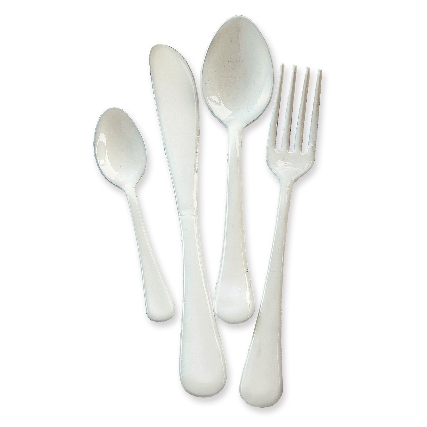 Set aus weißen Kunststoffbestecken mit Gabel, Messer und Löffeln für den täglichen Gebrauch