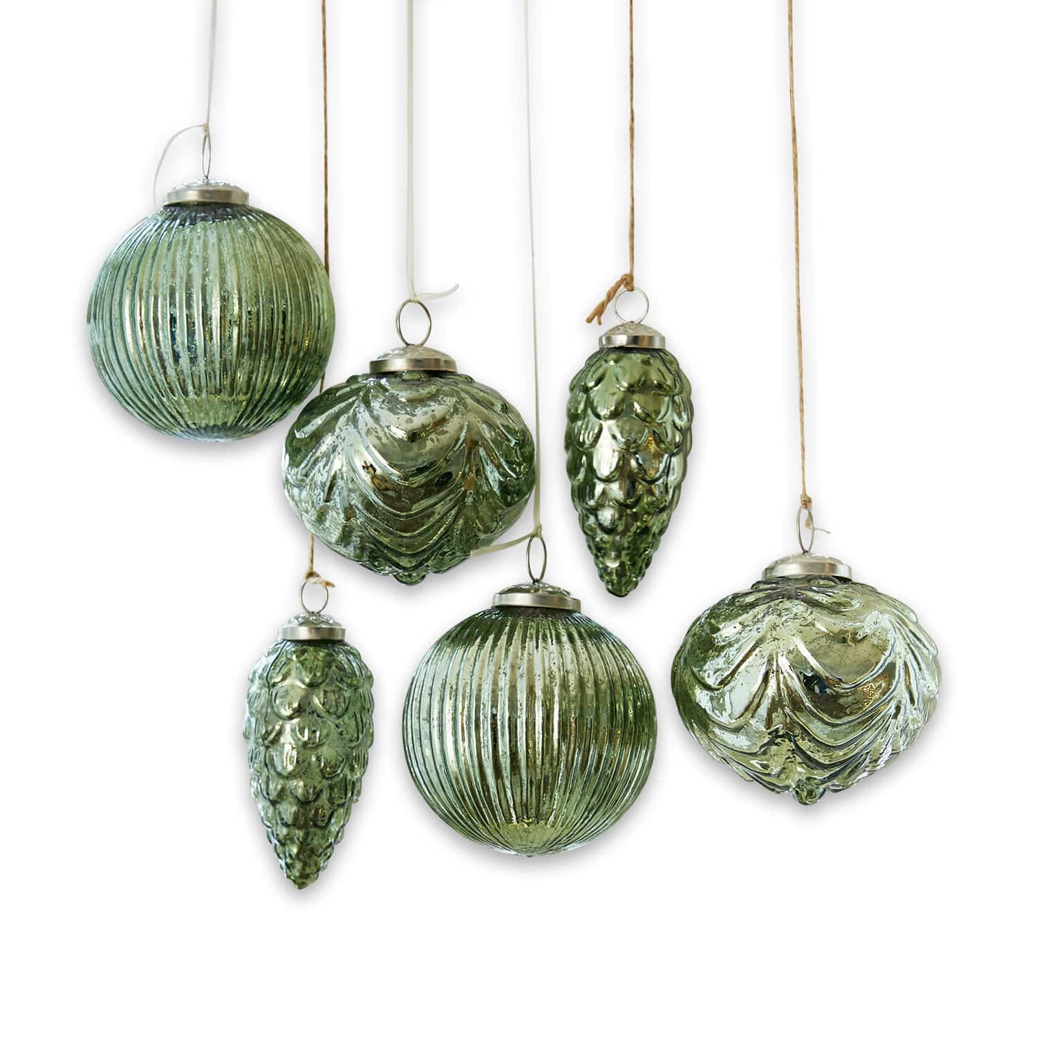 Weihnachtsschmuck 6er Set Silverhill Set aus sechs grünen Glas-Weihnachtsanhängern in verschiedenen Formen und Strukturen